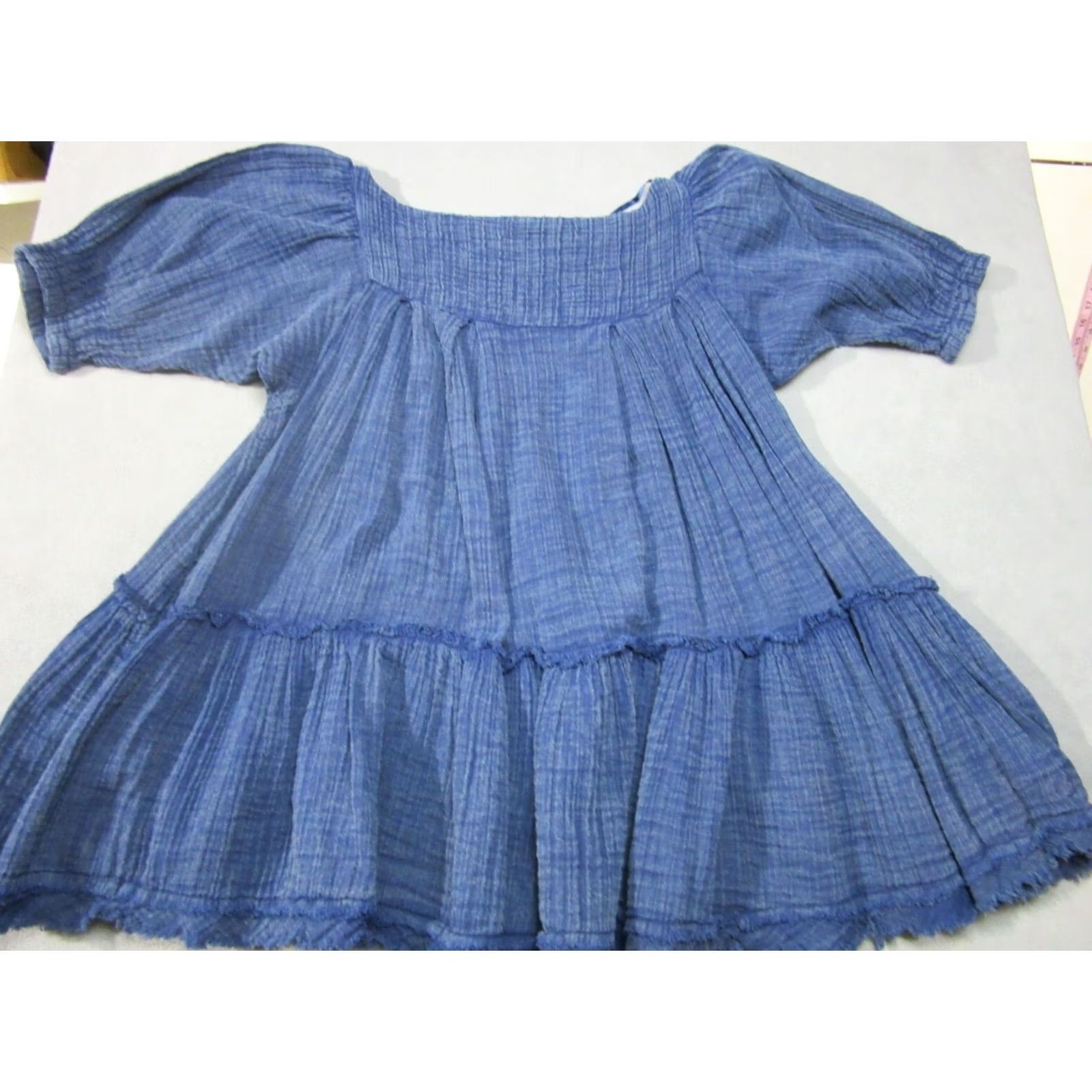 Free People Free People Dress Womens XS Blue Peasant Mini Square Neck Puff Sleeve Frayed Hem Size XS / US 0-2 / IT 36-38 - 2 Thumbnail
