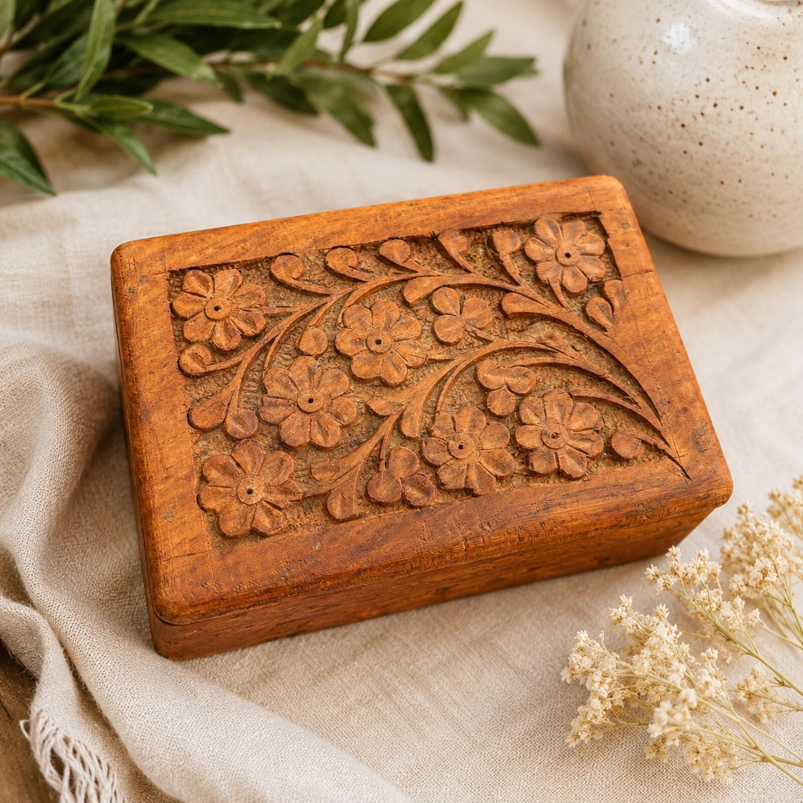 The Unbranded Brand Hand-Carved Wooden Jewelry or Trinket Box with Floral Design Size ONE SIZE - 1 Thumbnail