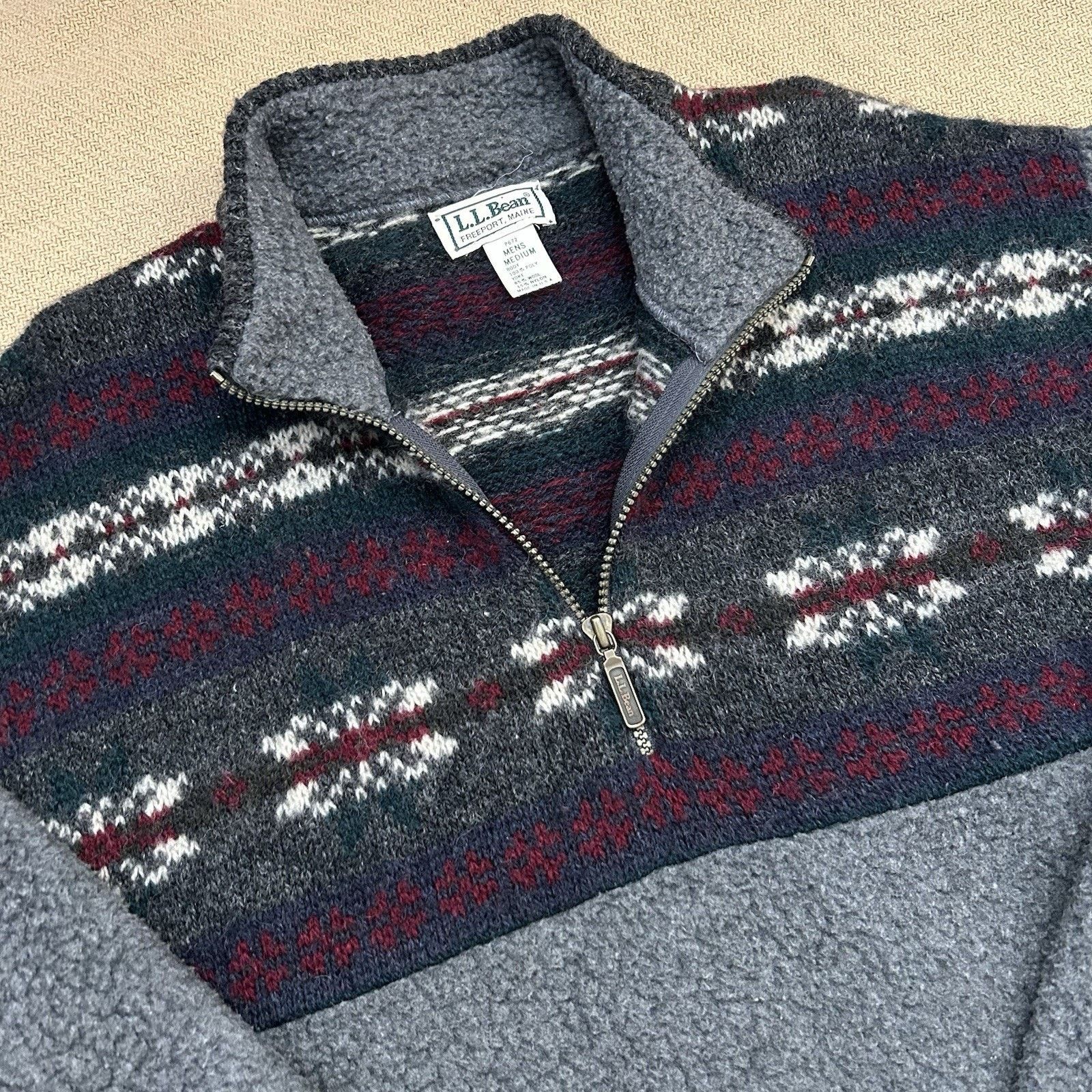 L.L. Bean × Vintage 80s Wool Knit Fair Isle Fleece Zip Pullover Jacket Medium Size US M / EU 48-50 / 2 - 2 Thumbnail