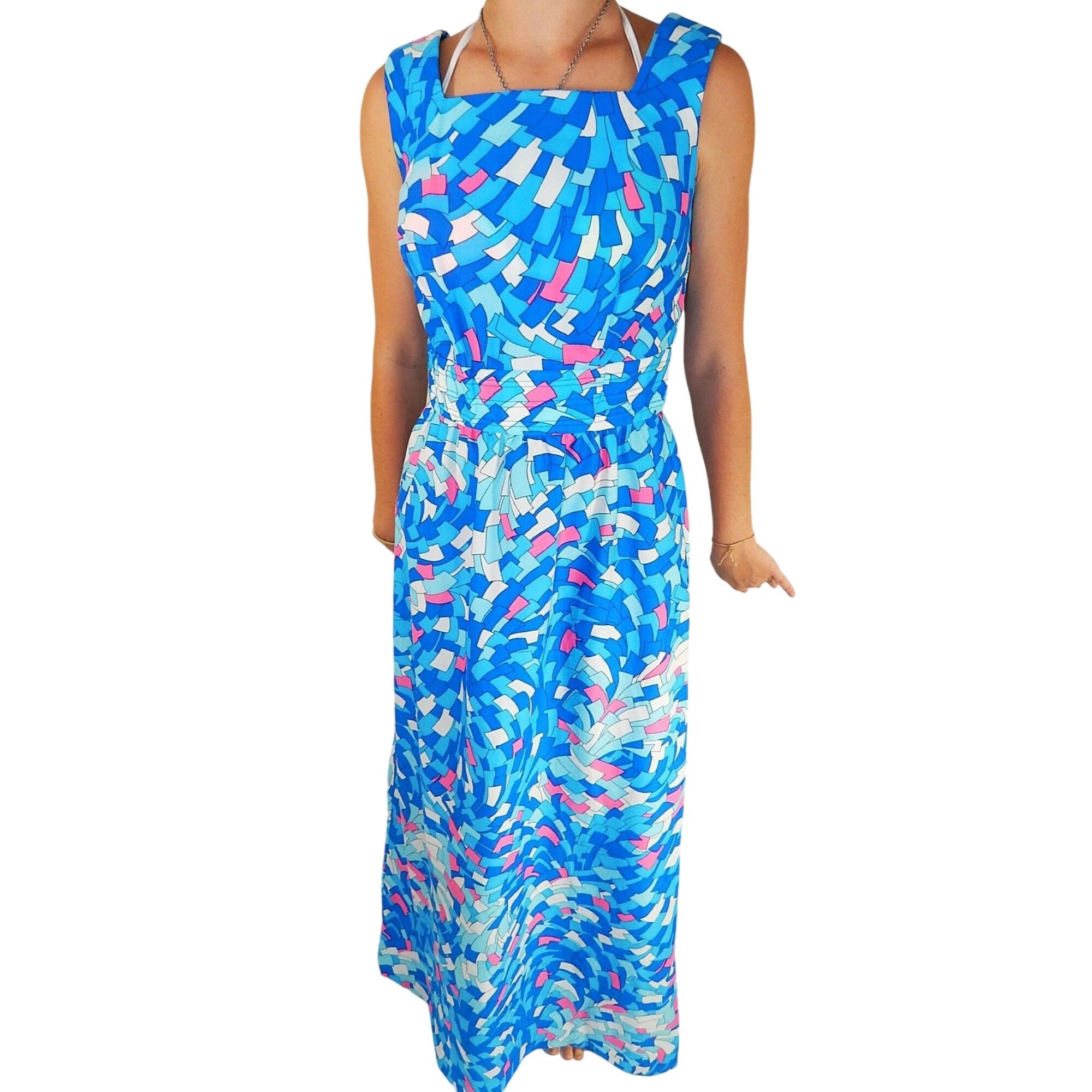 Other Vtg The Spectator Aqua Blue Pink Geometric OP Mod Maxi Dress Size M / US 6-8 / IT 42-44 - 1 Thumbnail