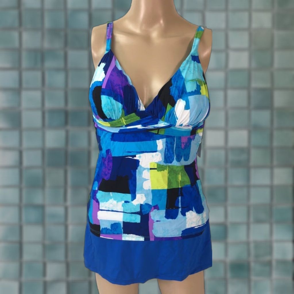 Vintage 2 Bamboo Tankini Swimsuit Women S Blue Geometric Lined Skirt Two-Piece Beach Pool Womens Size ONE SIZE - 1 Thumbnail
