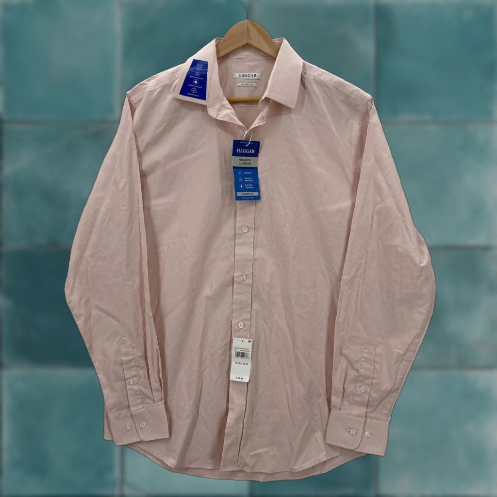 Haggar Haggar Mens Dress Shirt 15.5 34/35 Pink Classic Fit Stretch Wrinkle Resistant Cotton Spandex Long Sleeve Barrel Cuff Business Size US L / EU 52-54 / 3 - 1 Thumbnail