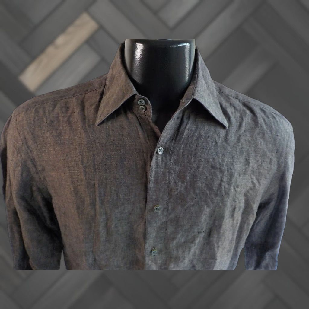 Vintage SOCI3TY LS Button Front Shirt Brown Linen 40 Mens Long Sleeve Solid Collared Button-Up 100% Linen Signed Buttons Size US L / EU 52-54 / 3 - 1 Thumbnail
