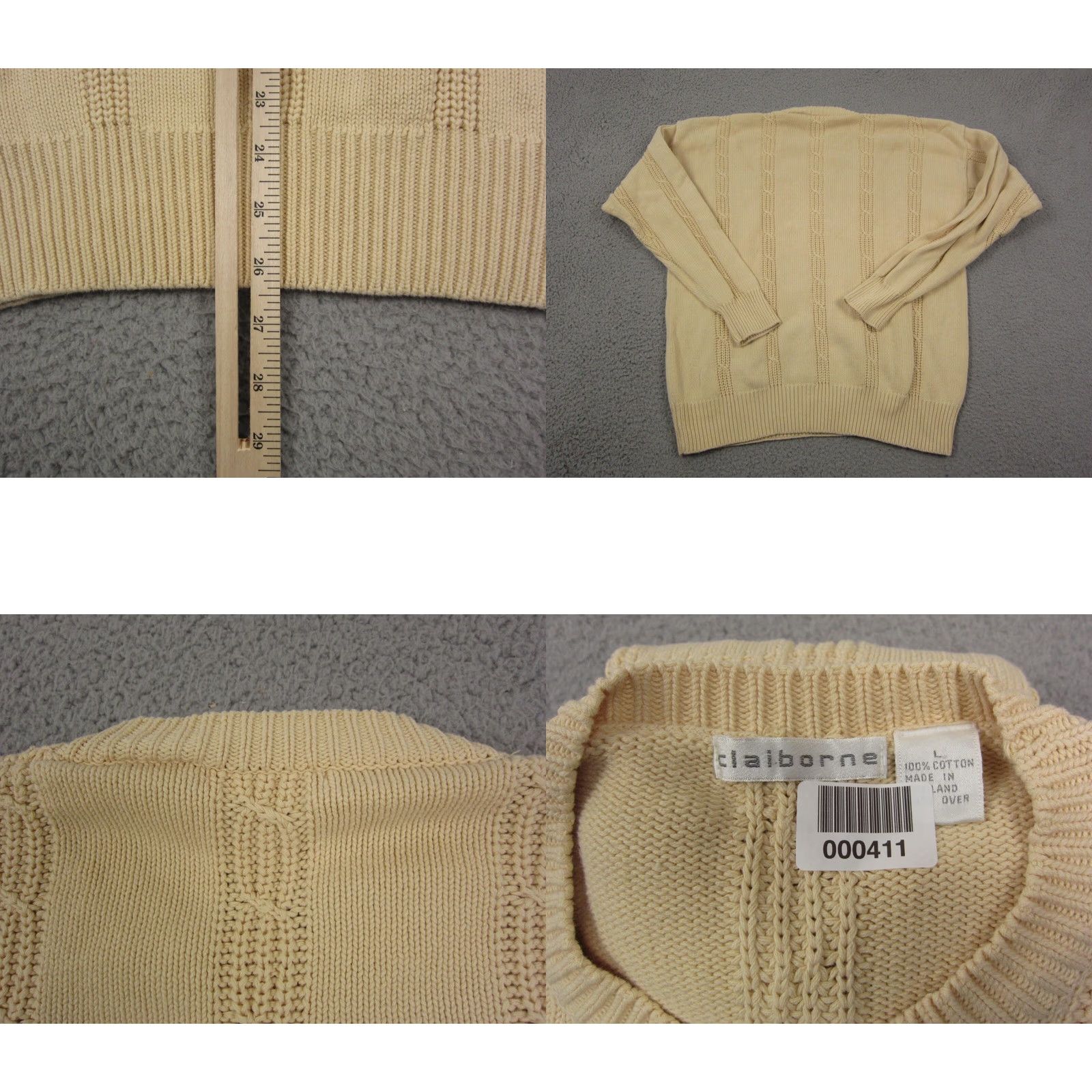 Liz Claiborne VINTAGE Claiborne Sweater Mens L Crew Neck Ivory Cotton Cable-Knit Long Sleeve Pullover Casual Classic Fall Winter Size US L / EU 52-54 / 3 - 8 Thumbnail