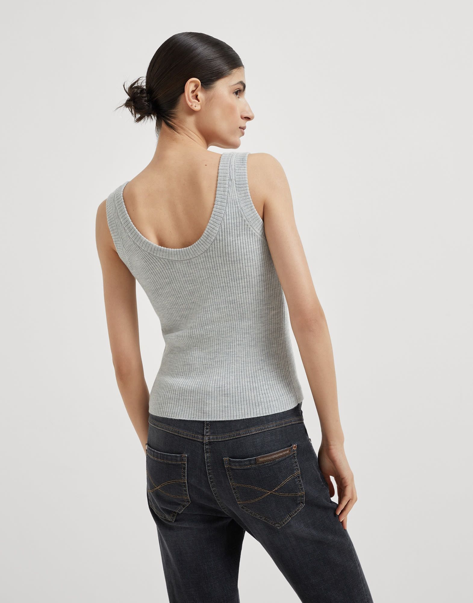 Brunello Cucinelli o1la1rc1a0326 Virgin Wool Cashmere Rib Knit Top in Grey Size L / US 10 / IT 46 - 2 Thumbnail