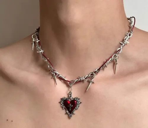 Jewelry 587Silver Barbed Wire Cross Necklace with Red Heart Pendant Size ONE SIZE - 3 Thumbnail