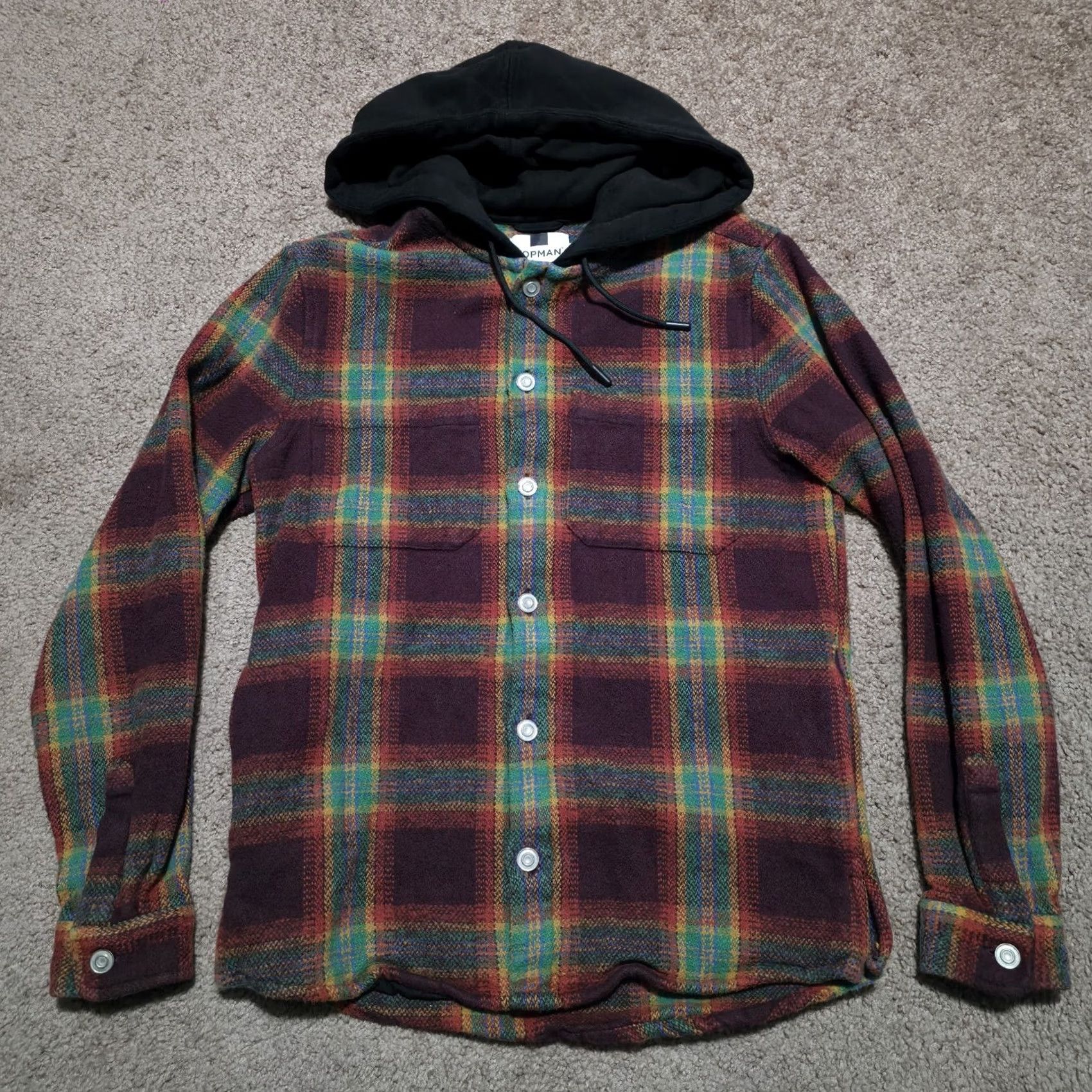 Topman Topman Thick Flannel Hooded Button Up Jacket Shacket Mens Small Multicolor Plaid Pattern Size US S / EU 44-46 / 1 - 3 Thumbnail