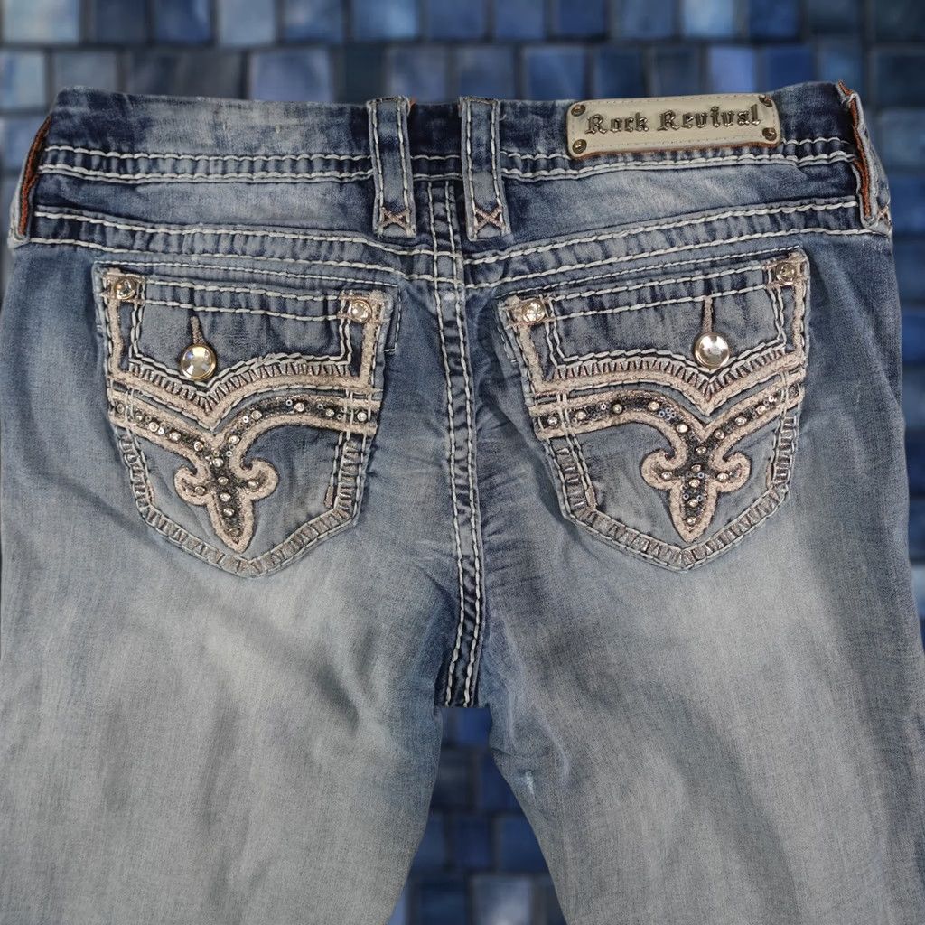 Vintage VINTAGE Rock Revival Jeans Bootscut 29x31 Womens Blue Distressed Rhinestone Embroidered Sequin Studded Denim Size 29" - 1 Thumbnail