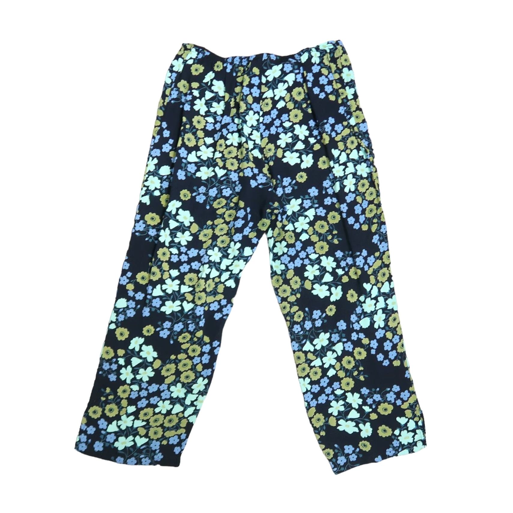 Vintage Loco Linda Floral Wide-Leg Crop Pants S Navy Blue Green 90s Spring Womens Size 28" / US 6 / IT 42 - 3 Thumbnail