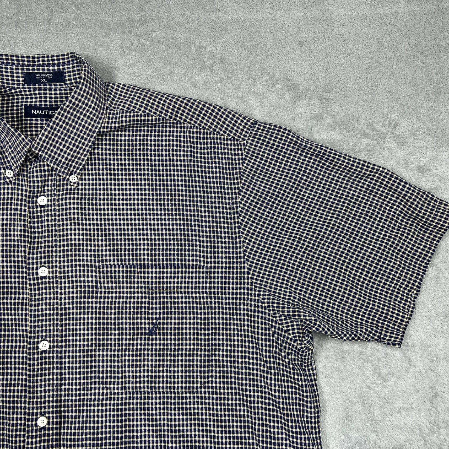 Nautica Nautica Shirt XL Button-Down Short Sleeve Navy Blue Yellow Checkered Multicolor Men Regular Fit Size US XL / EU 56 / 4 - 5 Thumbnail