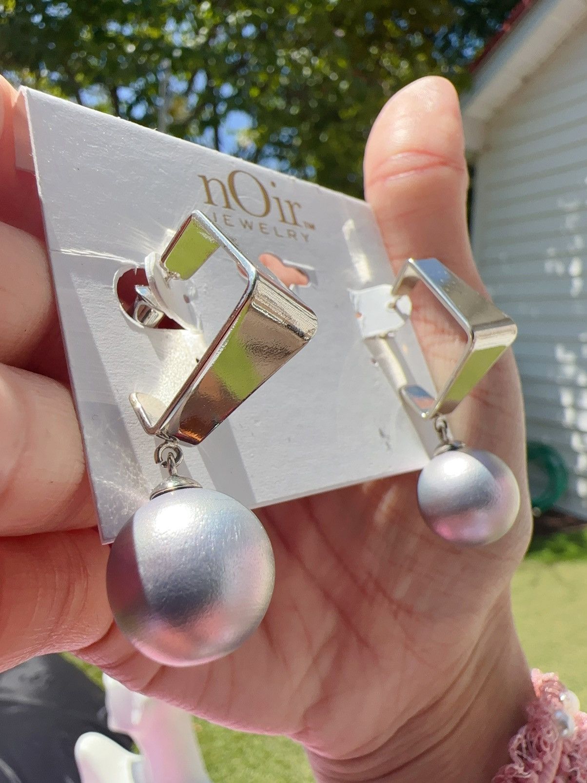 Designer Noir silver tone open diamond square loop silver pearl drop Size ONE SIZE - 2 Thumbnail
