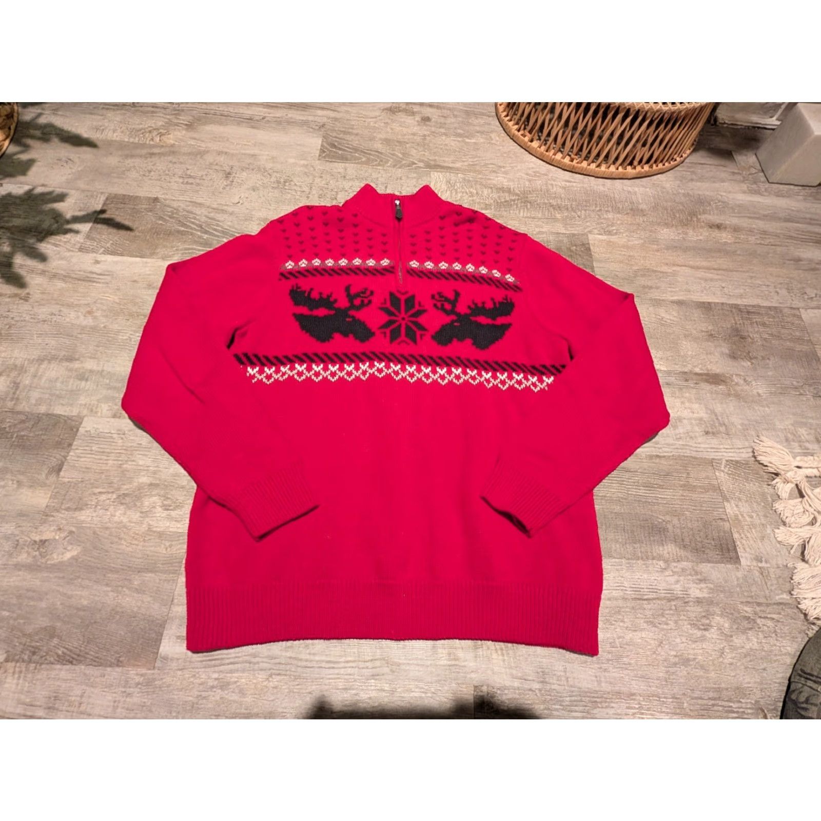 Chaps Chaps Sweater Mens L Red Moose Snowflake Fair Isle Christmas 100% Cotton Knit Pullover 1/4 Zip Mock Neck Size US L / EU 52-54 / 3 - 2 Thumbnail