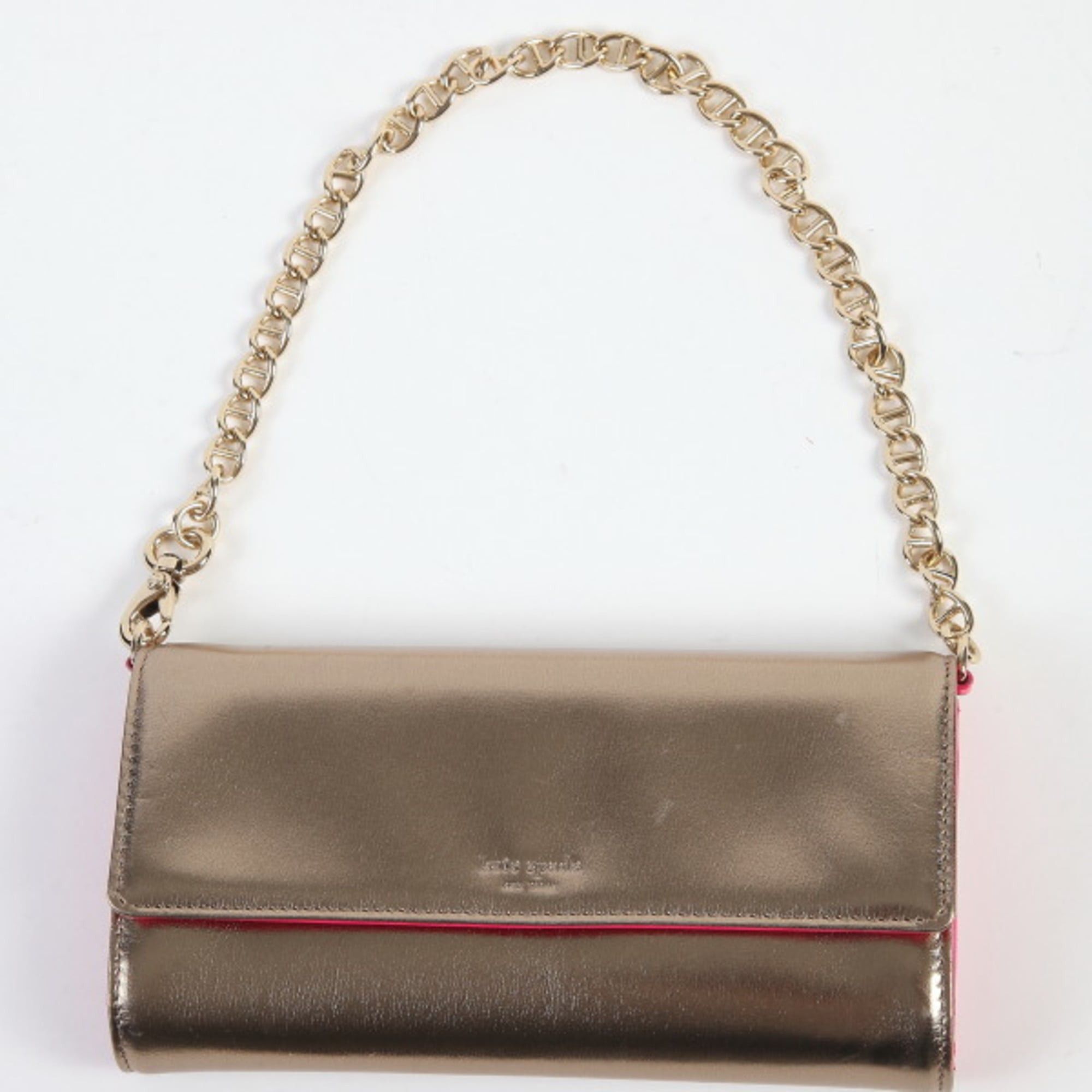 Kate Spade long wallet chain and tri-fold mini bag in gold pink.