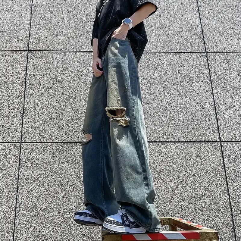 Japanese Brand Retro loose straight leg ripped jeans Size US 32 / EU 48 - 4 Thumbnail