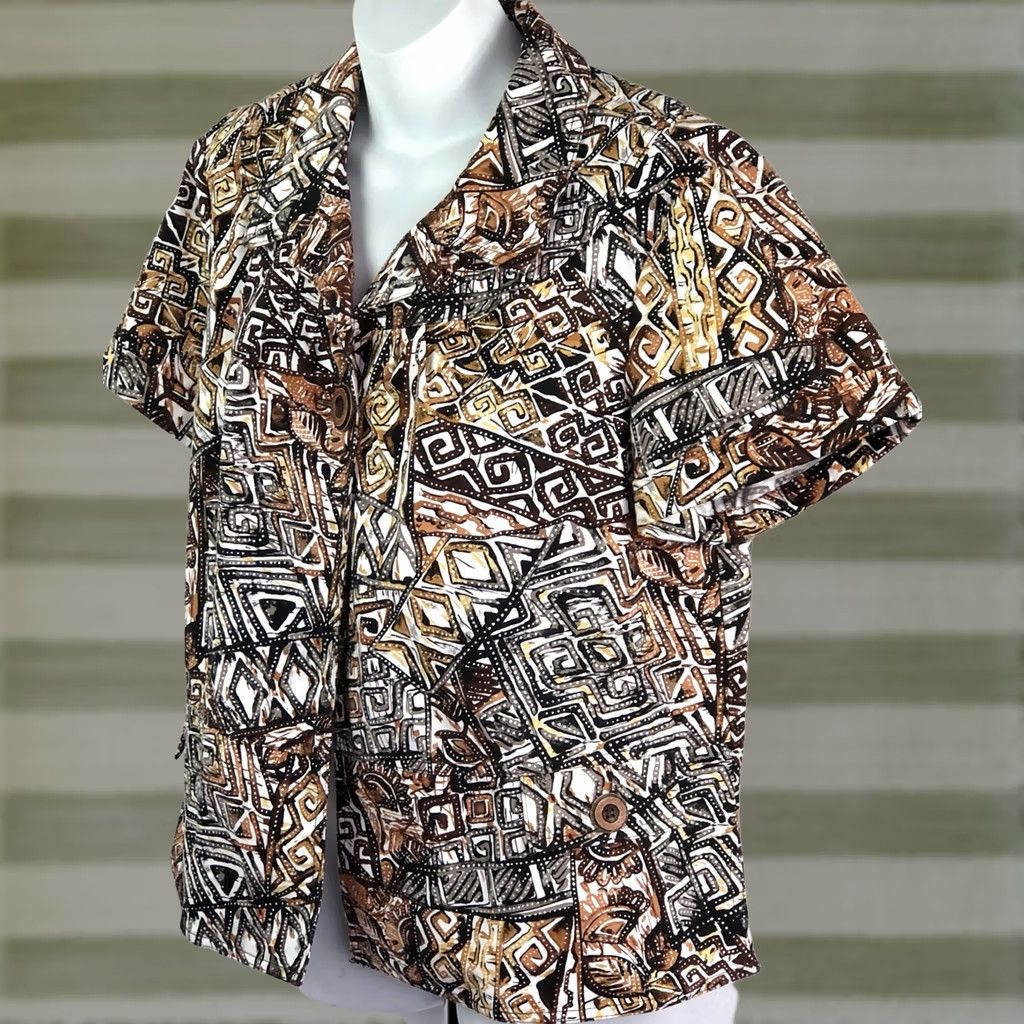 Vintage Christopher Banks Shacket XL Brown/Black Tribal Aztec Boho Cardigan Short Sleeve Button Shirt Women Size XL / US 12-14 / IT 48-50 - 1 Thumbnail