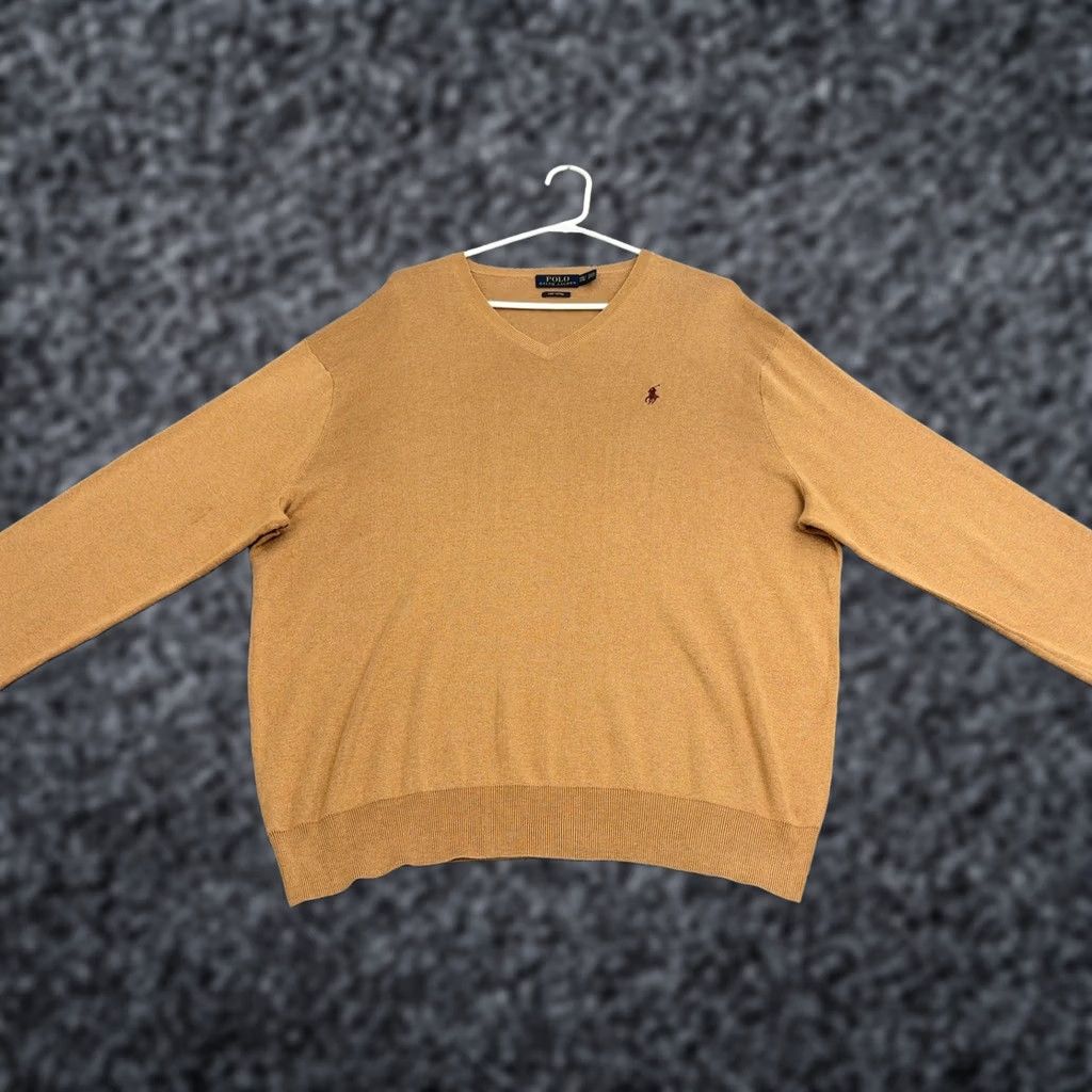 Polo Ralph Lauren Polo Ralph Lauren Sweater Mens XXL V-Neck Long Sleeve Pima Cotton Tan Beige Classic Preppy Logo Embroidered Pullover Size US XXL / EU 58 / 5 - 1 Thumbnail