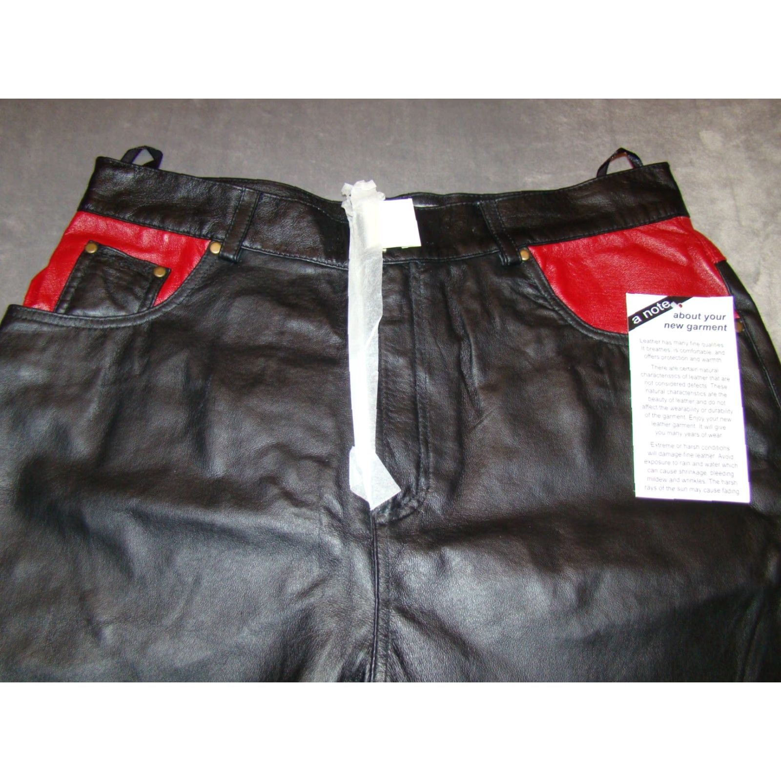 Vintage VINTAGE International Male Pants Leather Black with Red Trim NWT 36 Mens Straight Leg 5-Pocket Hem Raw Front Zip Closure Size US 36 / EU 52 - 2 Thumbnail