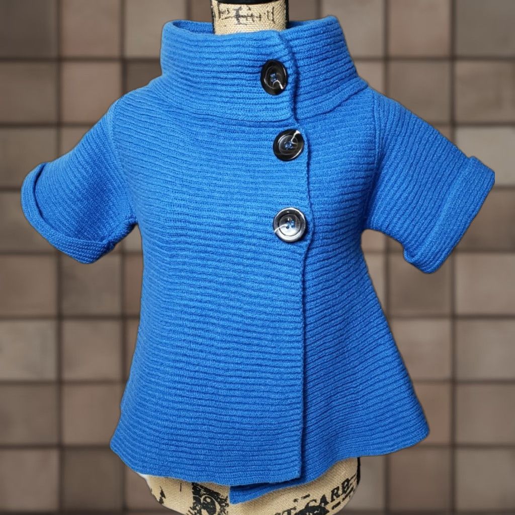 Piazza Sempione Piazza Sempione Cardigan - Chunky Ribbed Short Sleeve Topper - Blue - 44/US 8 - 100% Virgin Wool - Mock Neck - Button Closure - A-line - Women Size 30" / US 8 / IT 44 - 1 Thumbnail