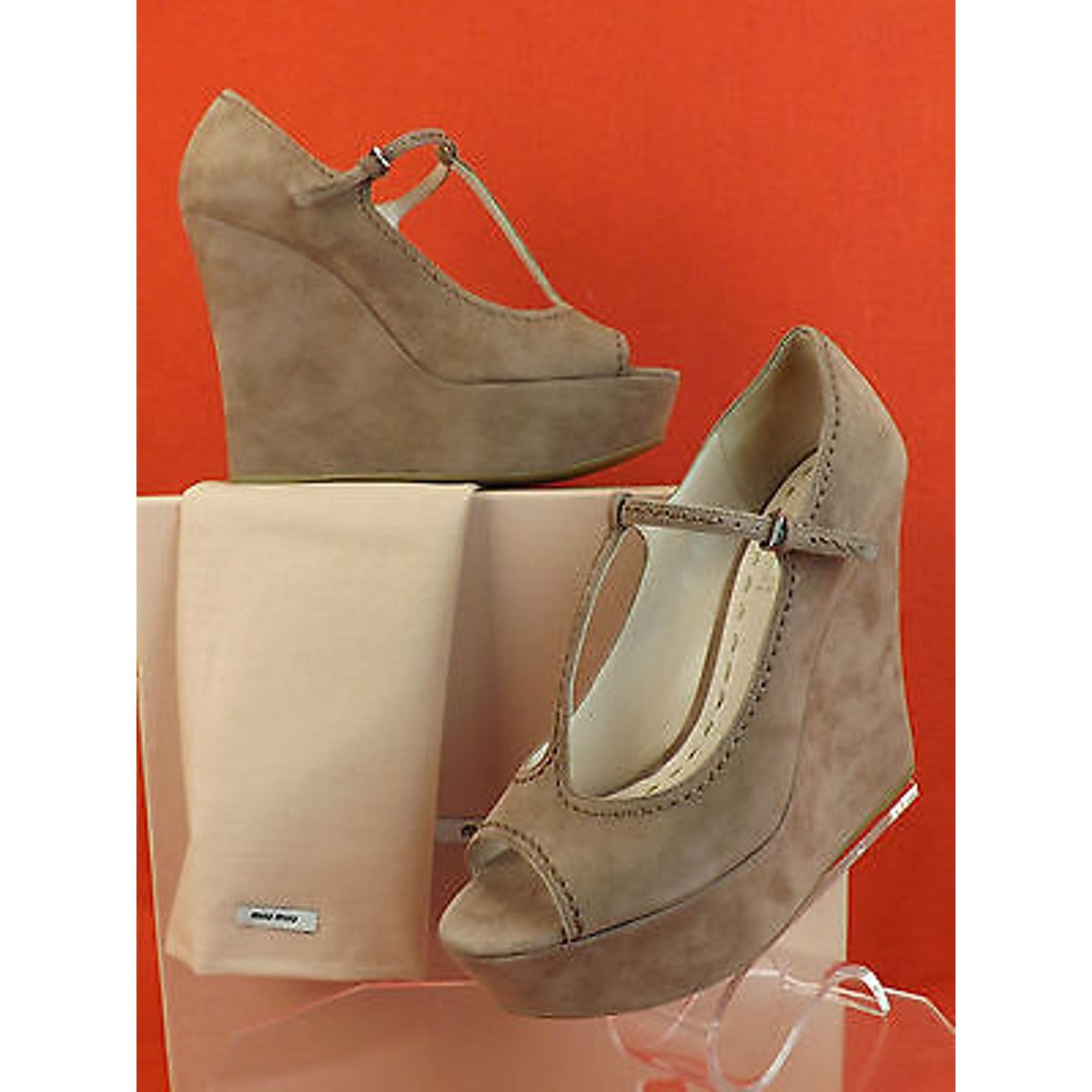 image of Miu Miu 5Kz012 Dark Rose Suede Peep Toe T-Strap Platform Wedges 40 Shoes in Brown, Women's (Size 10