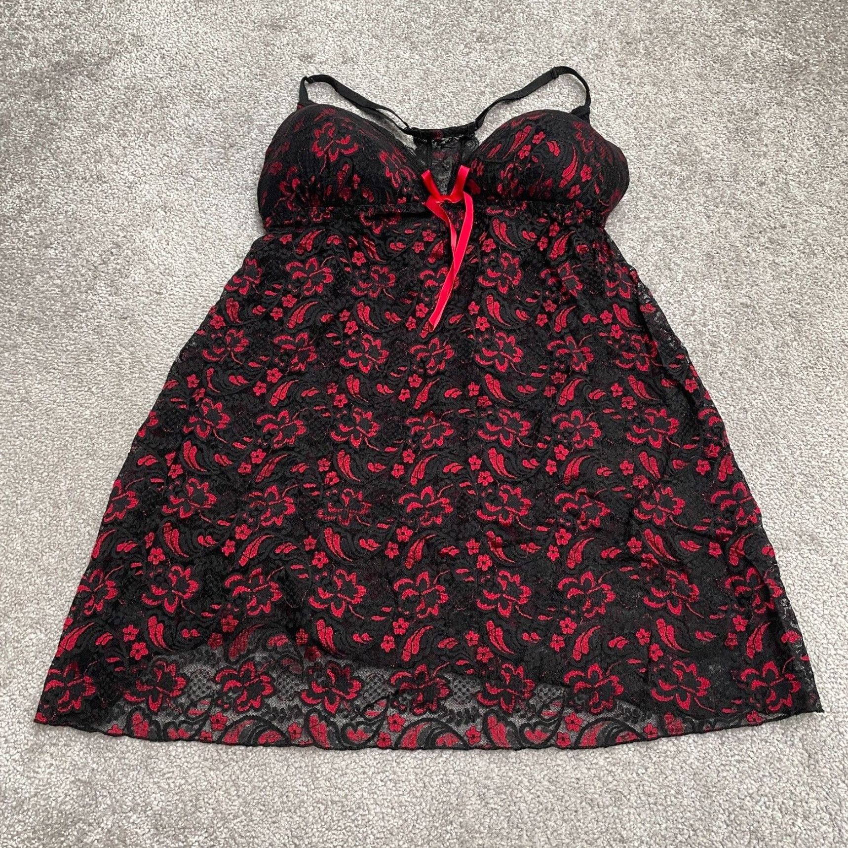 Vintage Unbranded Lace Floral Sleepwear Dress Womens L Red Sleeveless Sweetheart Cami, Polyester, Machine Washable, Lightweight, Bow, Strap, Dress Size L / US 10 / IT 46 - 2 Thumbnail