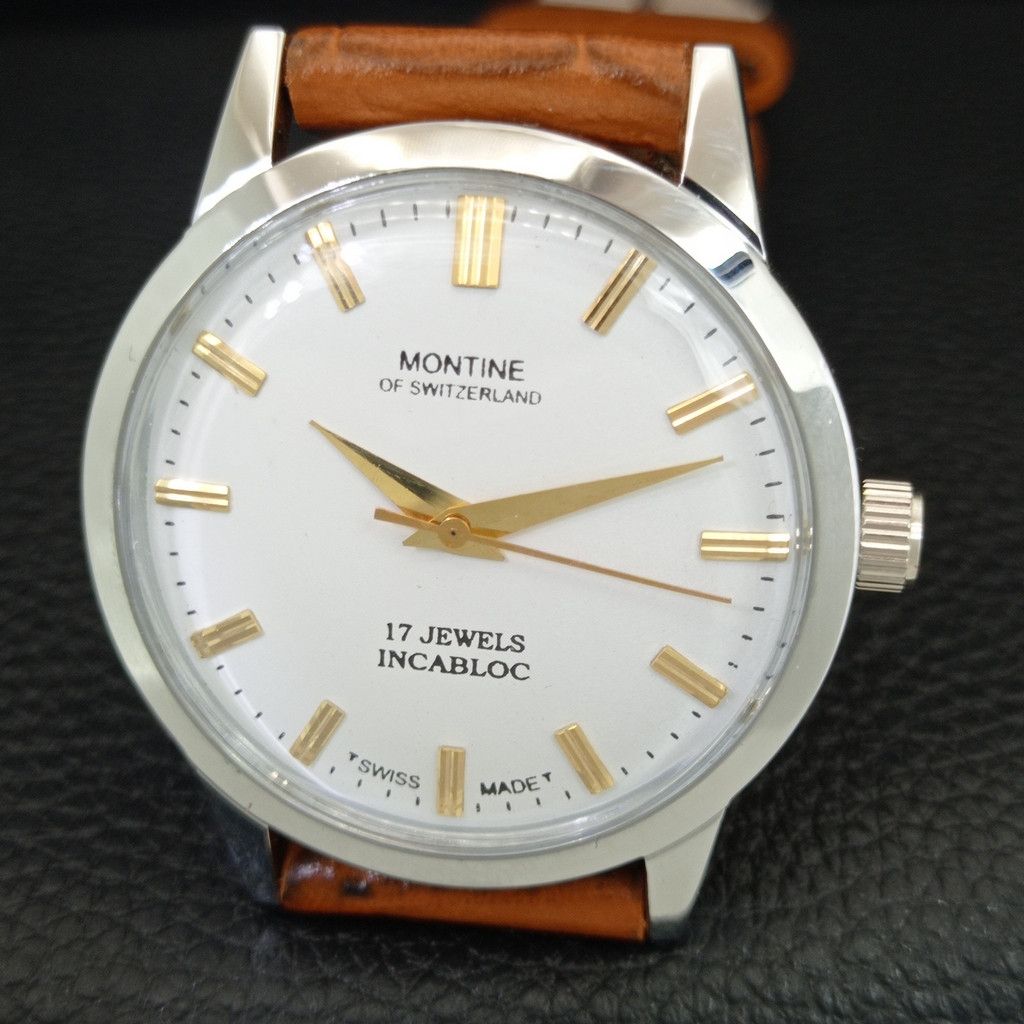 Other VINTAGE MONTINE HAND-WINDING SWISS MENS WHITE WATCH a444154 Size 38 - 3 Thumbnail