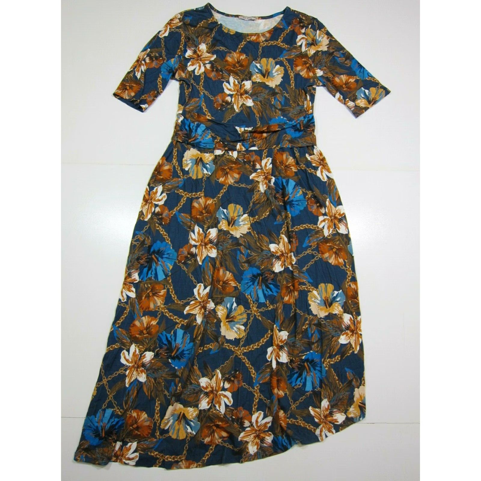 Vintage Orsay Floral Maxi Sundress Women 42/Large Rayon Spandex Stretch Long Dress Blue Orange Yellow Clear? Size L / US 10 / IT 46 - 7 Thumbnail