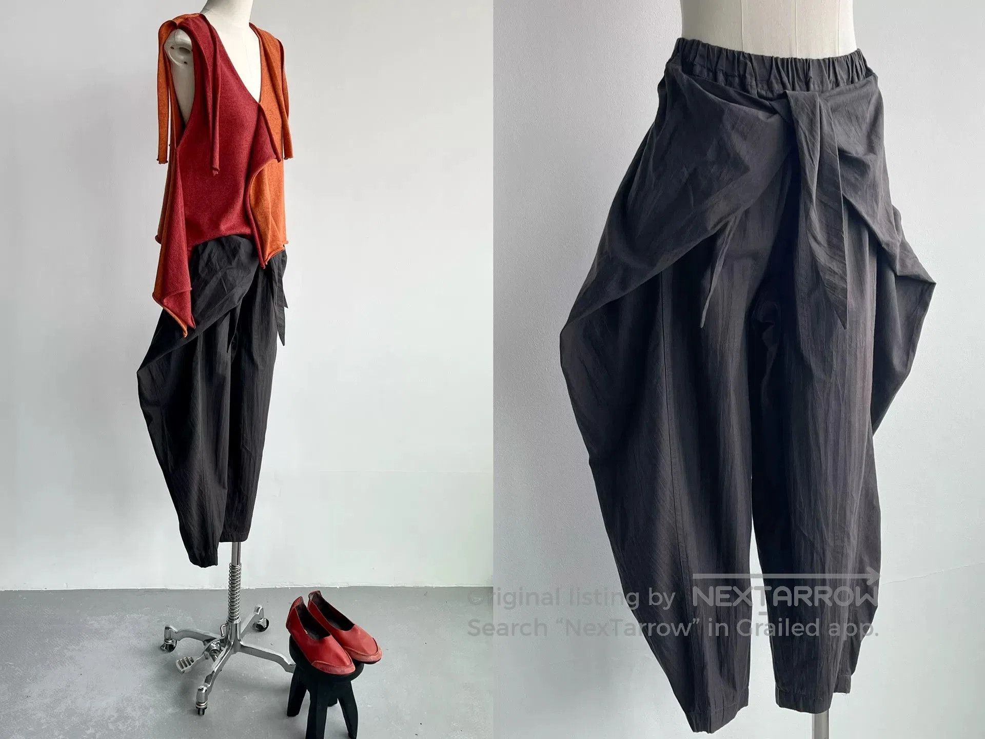 Japanese Brand Gray Wide-Leg Pants with Ties. Size 26" / US 2 / IT 38 - 2 Thumbnail
