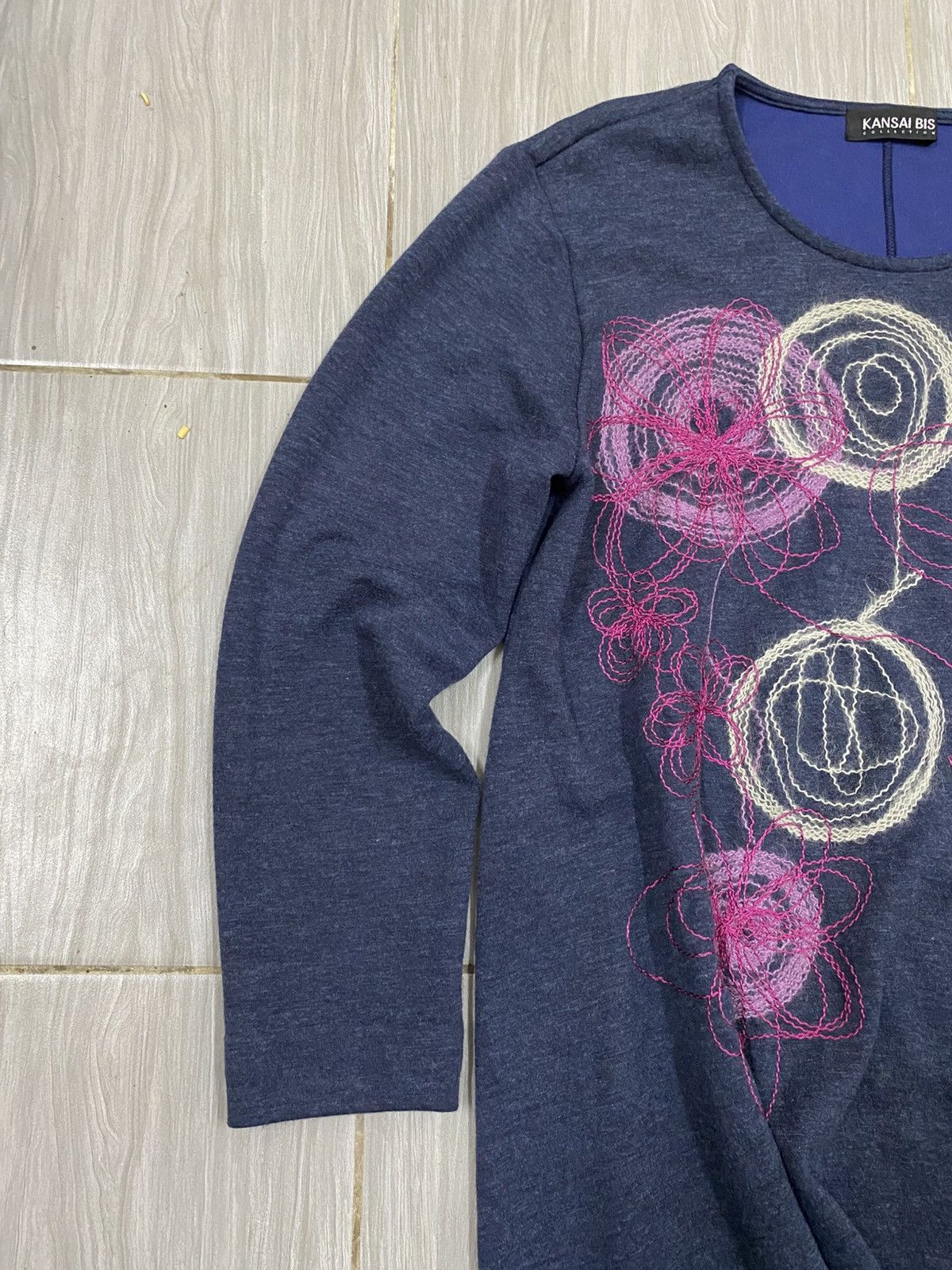 Kansai Yamamoto Kansai Bis Abstract Floral Embroidered Blue Knit Long Sleeve Size M / US 6-8 / IT 42-44 - 3 Thumbnail