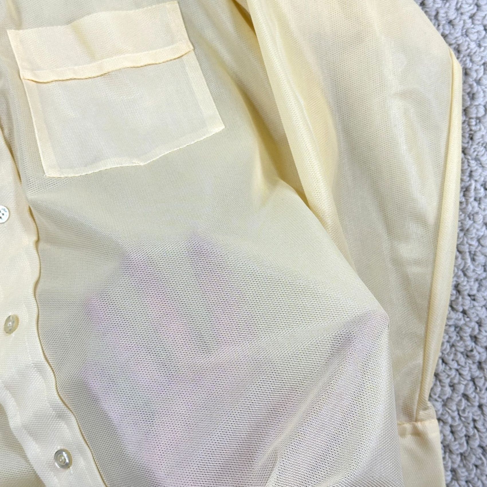 Vintage VINTAGE Montgomery Ward Shirt Men 15-33 Yellow Disco Sheer Lightweight Dagger Collar Button-Front Long Sleeve 1970s Mod Hippie Disco Clubwear Mens Size US M / EU 48-50 / 2 - 4 Thumbnail