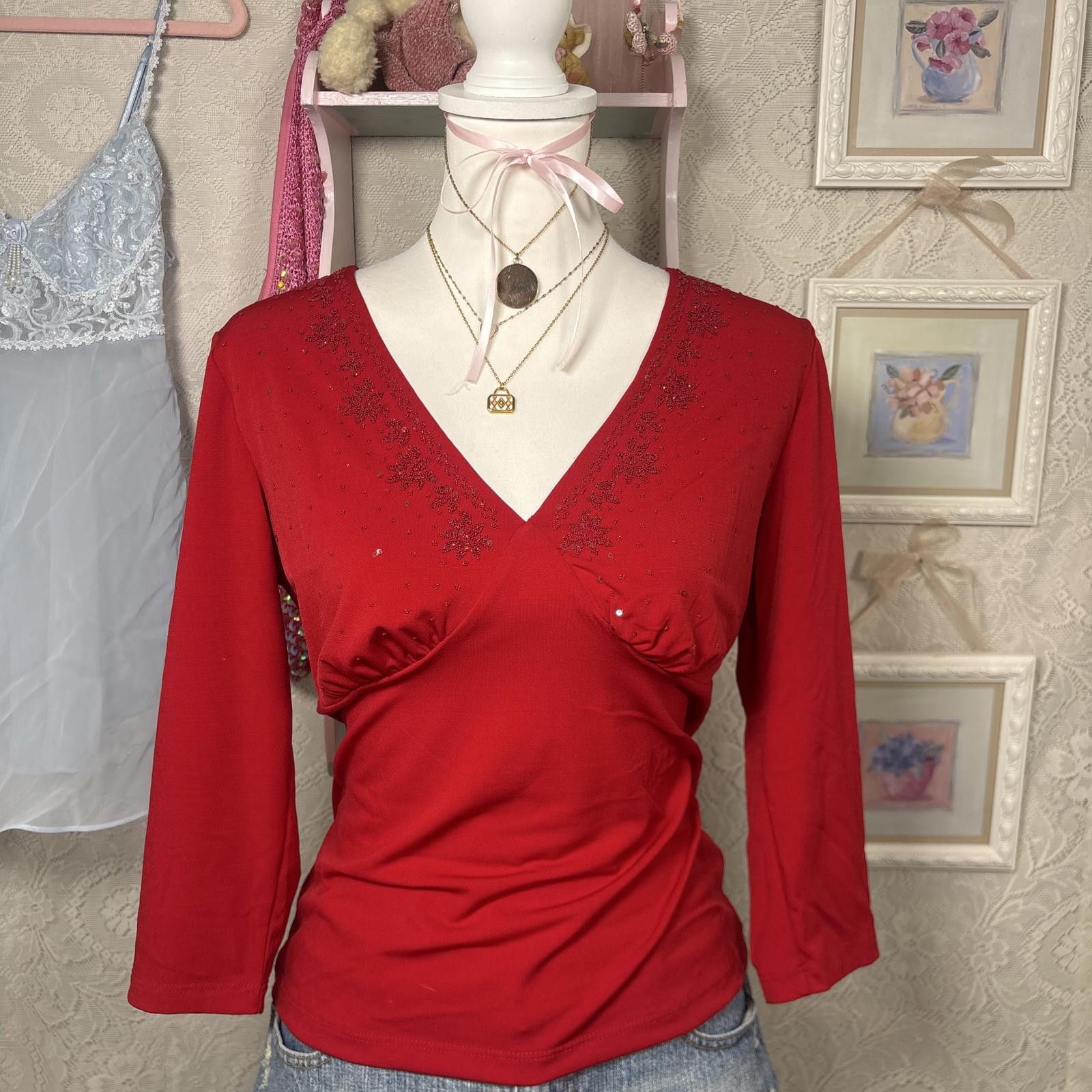 Other y2k red beaded v neck blouse top Size M / US 6-8 / IT 42-44 - 1 Thumbnail