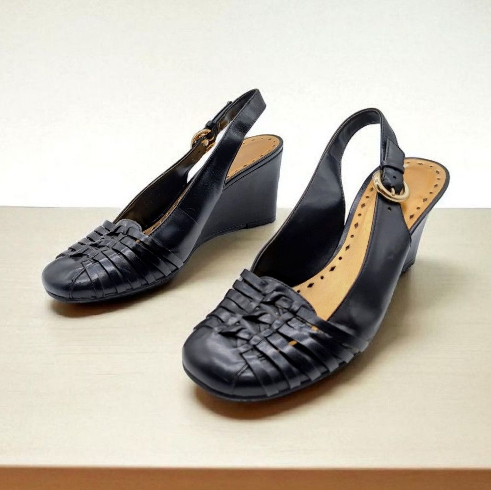 Bcbgmaxazria BCBG Girls Sz 7 Elegant Black Leather Wedge Sandals Slingba Size US 7 / IT 37 - 1 Thumbnail