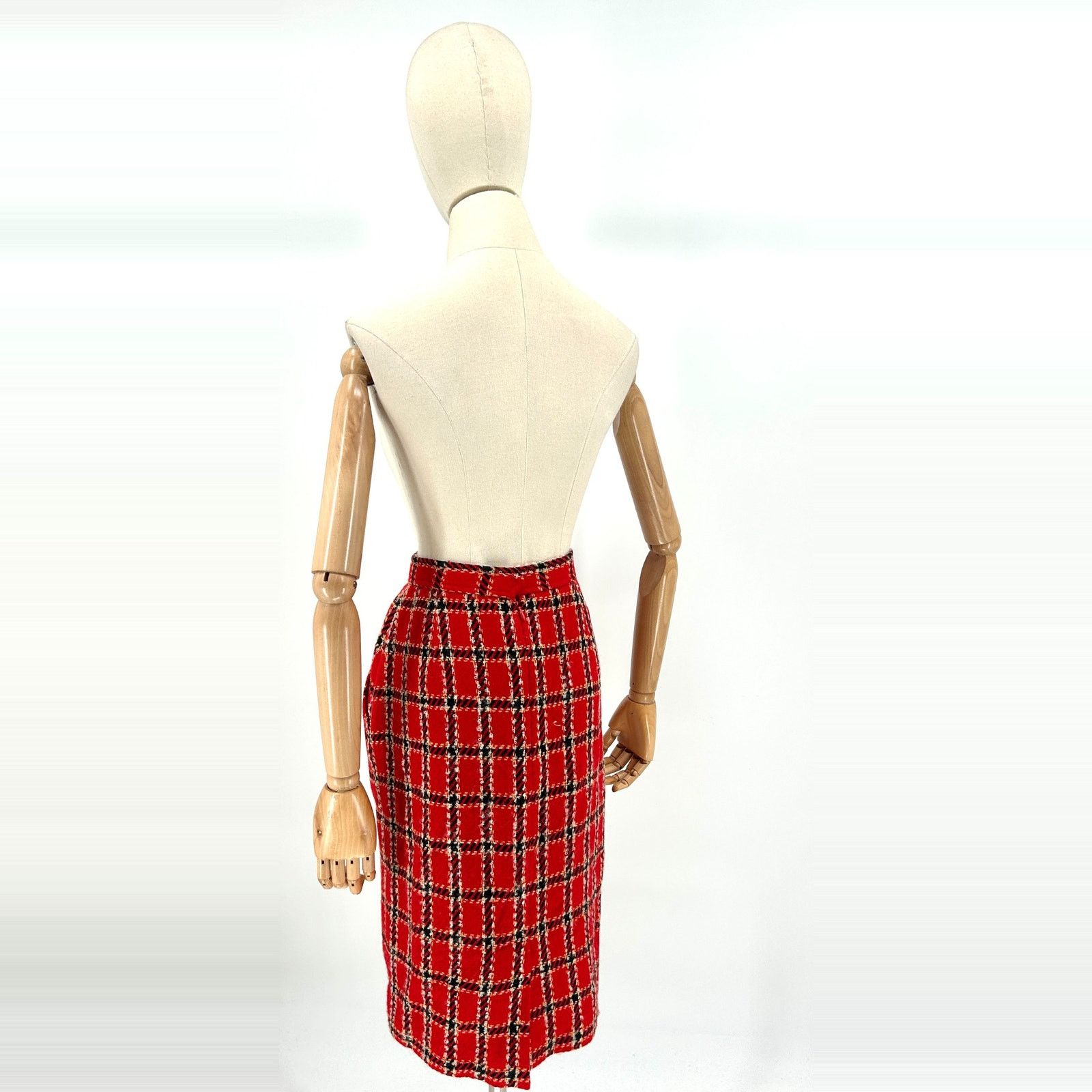 Evan Picone Vintage 80s Red Black Plaid 100% Wool Academia Pencil Skirt Size 32" / US 10 / IT 46 - 4 Thumbnail