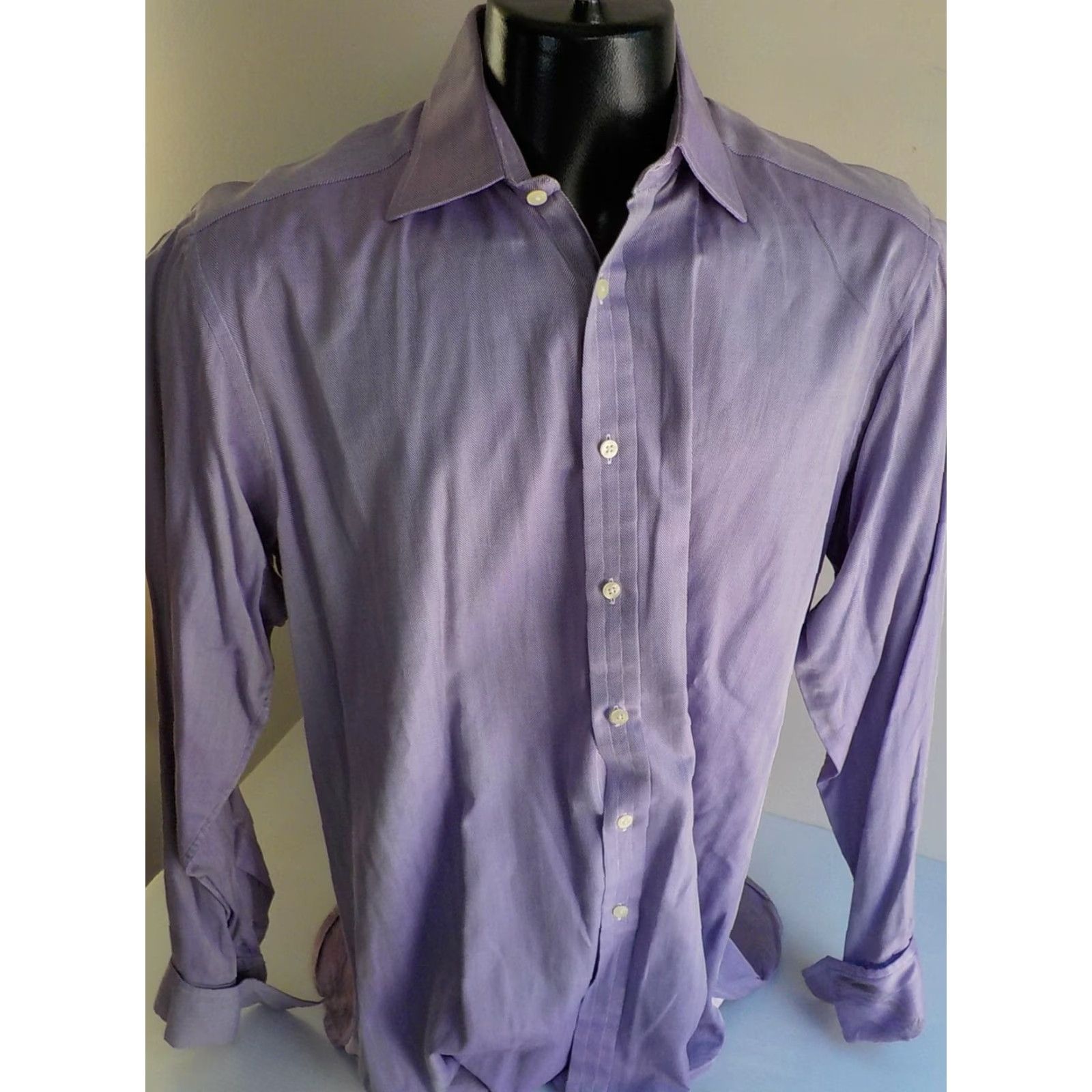 Pinko PINK by Thomas Pink Dress Shirt Purple Herringbone Twill French Cuffs 16-34 Classic Fit Dress Shirt Mens Size 42R - 2 Thumbnail