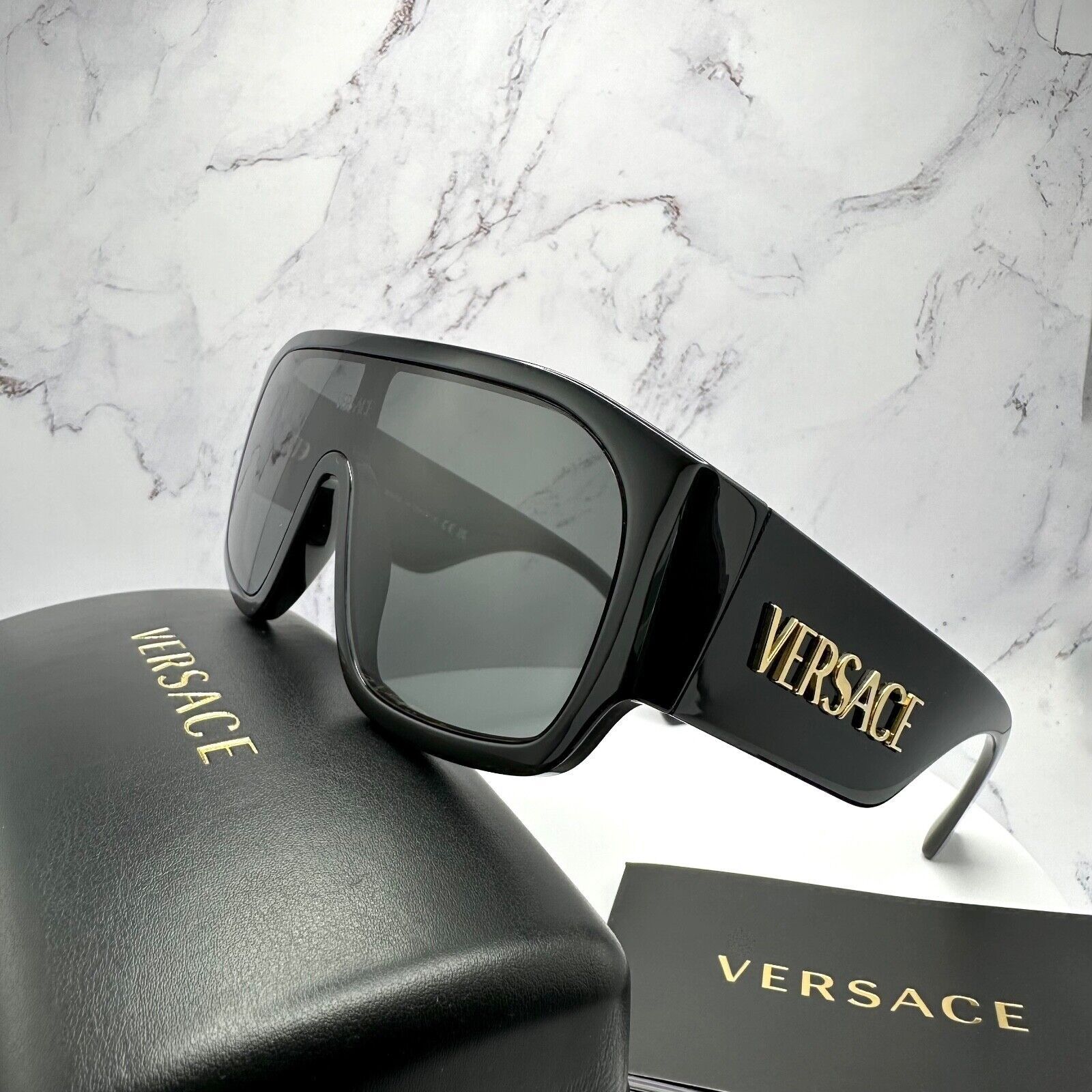 Versace New VERSACE Sunglasses Black Aviator Wrap Shield Runway Gold Size ONE SIZE - 22 Thumbnail