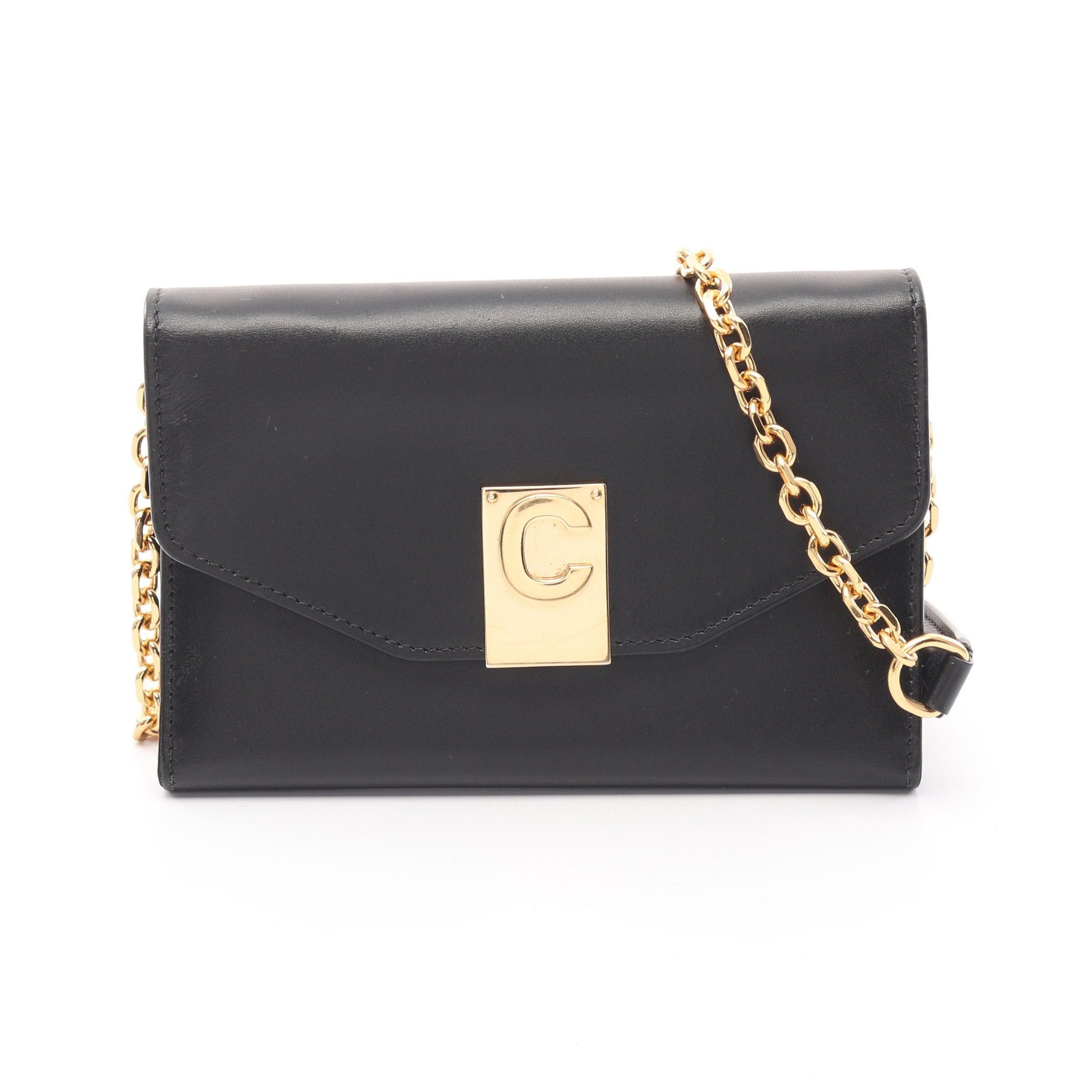 Celine C See Phone Case Chain Shoulder Bag Wallet Leather Black, Women's
