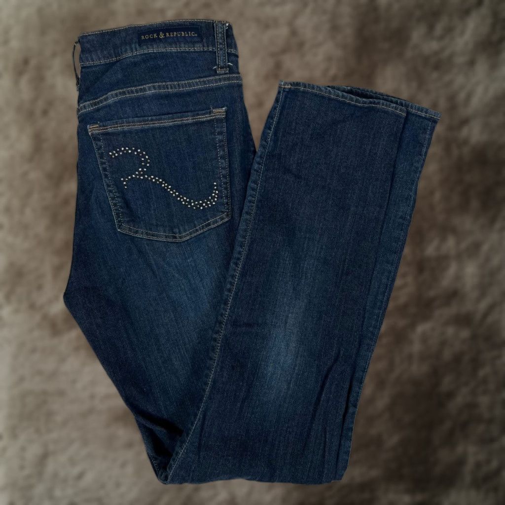 Vintage Rock & Republic Jeans Berlin Womens 14 Blue Dark Wash Straight Stretch Denim Size 36" / US 14 / IT 50 - 1 Thumbnail