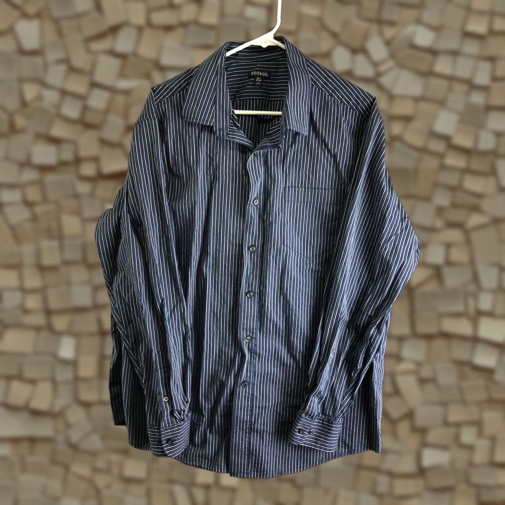 George George Shirt Mens XL 46-48 Blue Striped Long Sleeve Spread Collar Button-Up with Pockets Size US XL / EU 56 / 4 - 1 Thumbnail