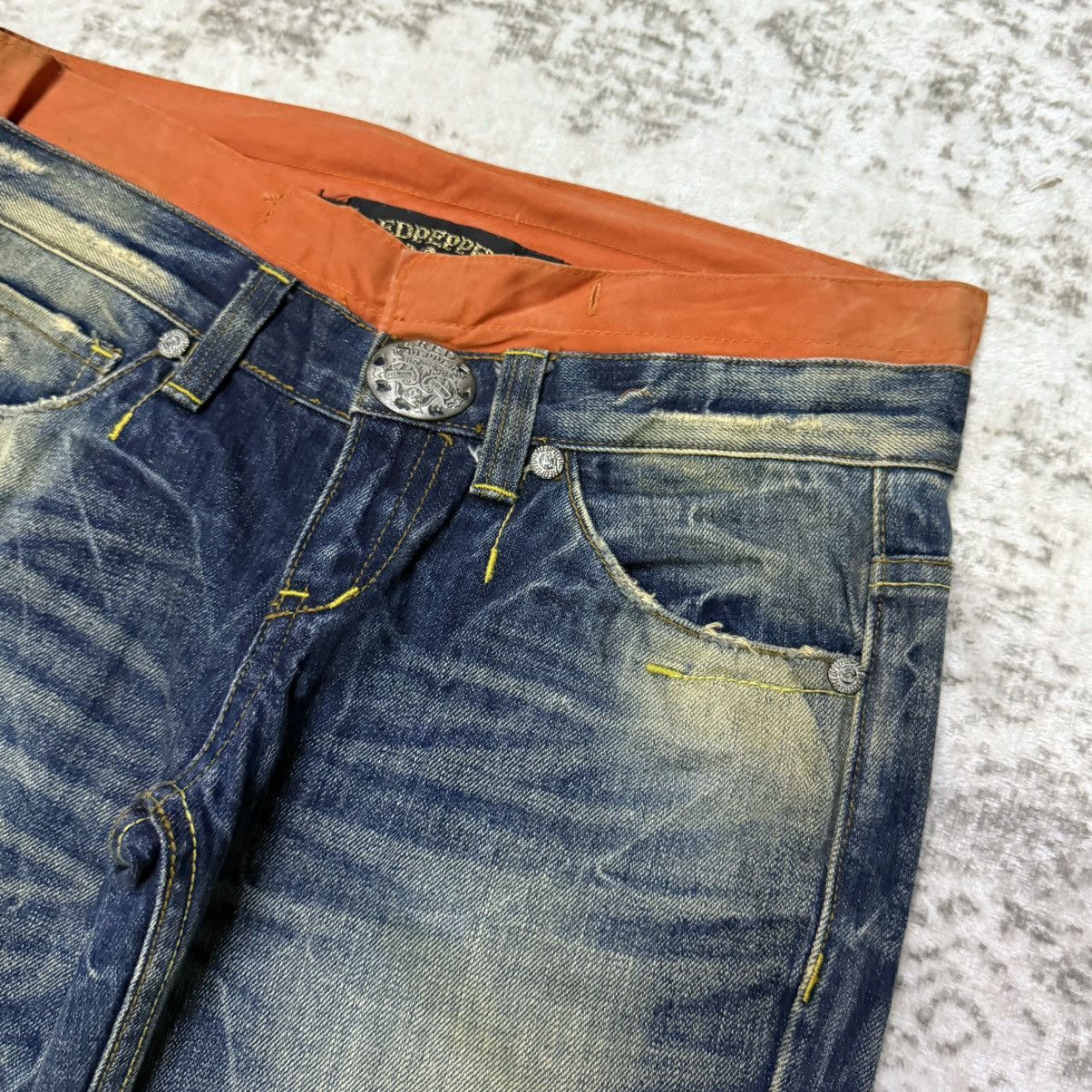 Japanese Brand 2000s Red Pepper Japan Embroidery Skull Flare Wide Leg Jeans Size 29" - 9 Thumbnail
