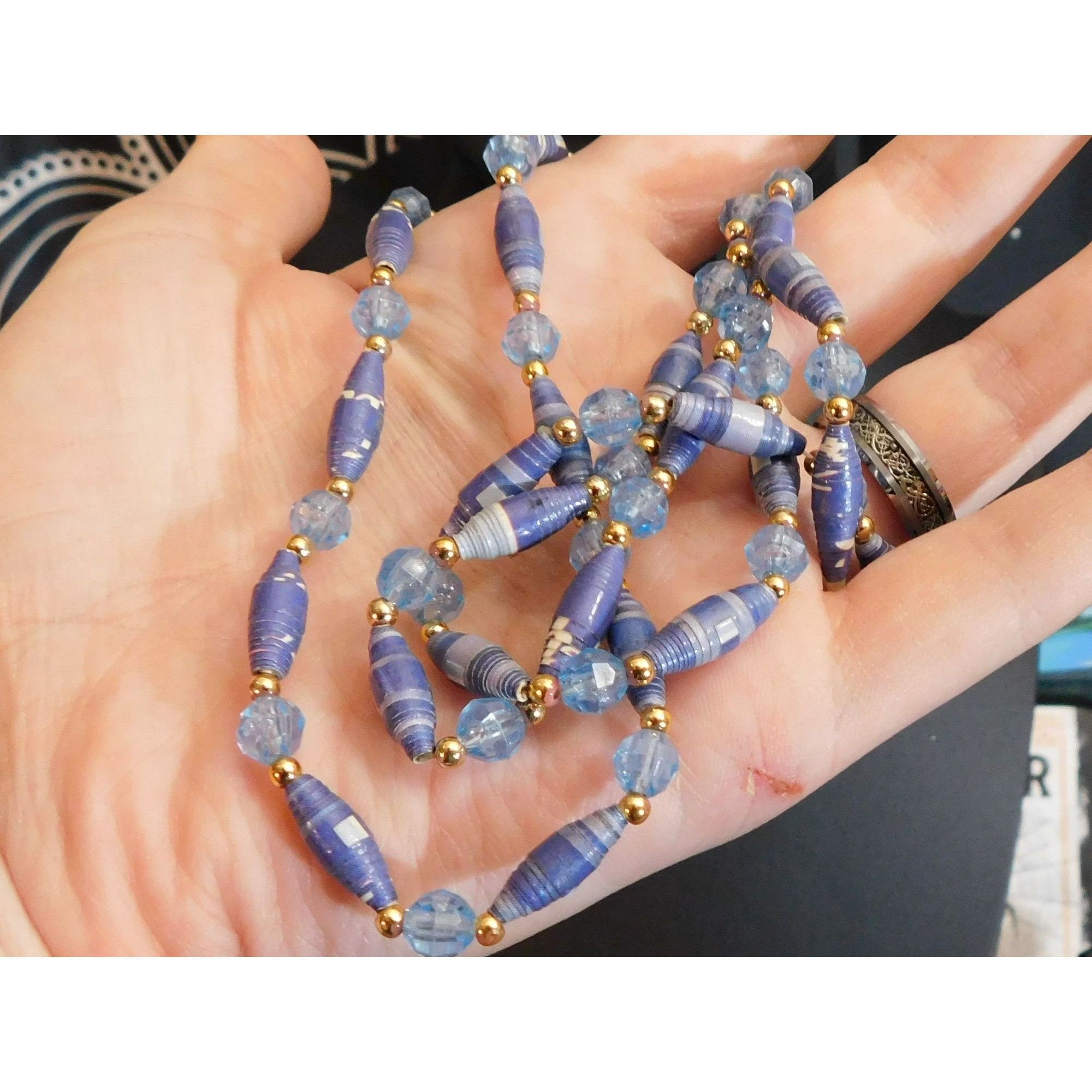 Handmade Handmade Blue Paper Wrap Bead Necklace With Gold Tone Accent Size ONE SIZE - 3 Thumbnail