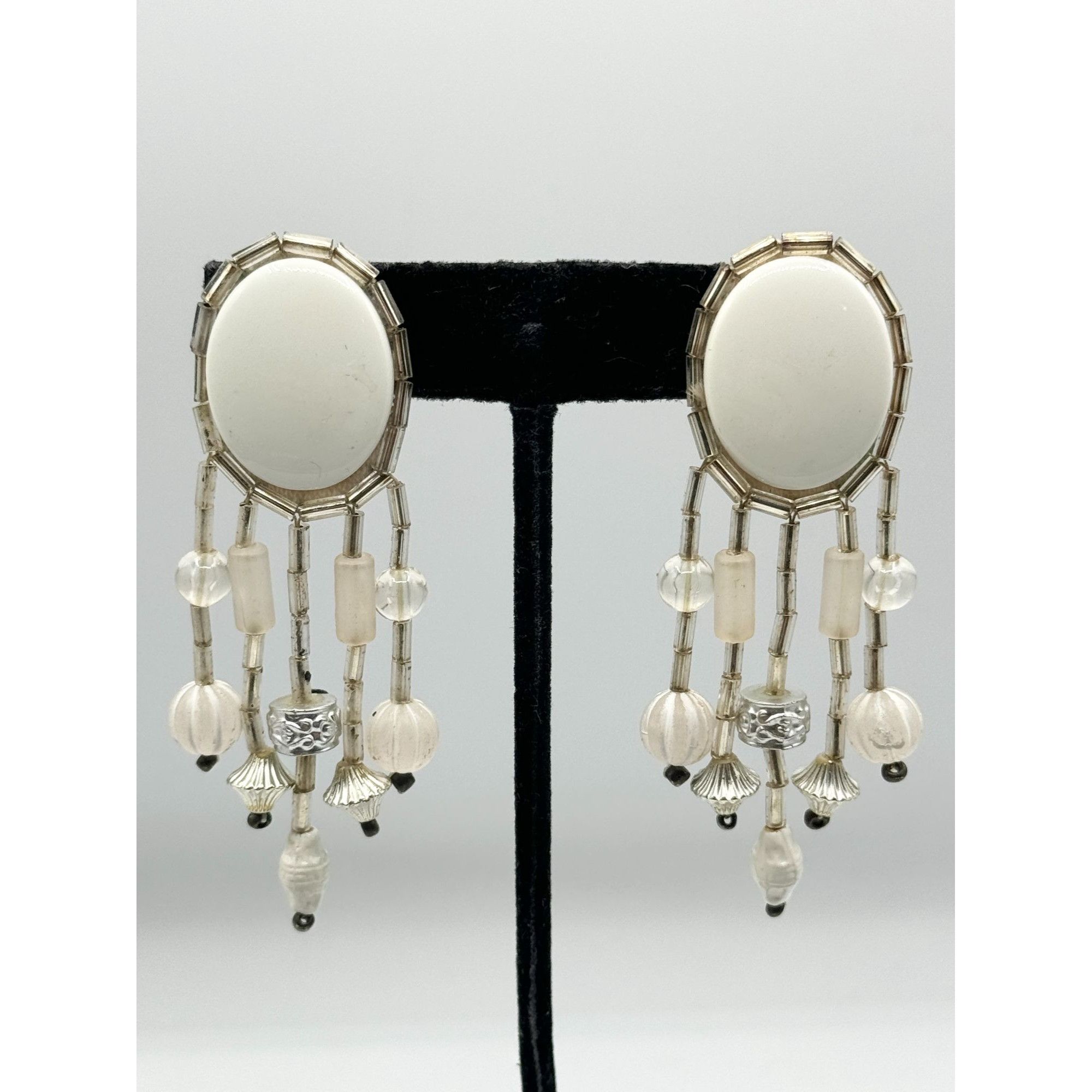 Vintage white beaded silver tassel earrings