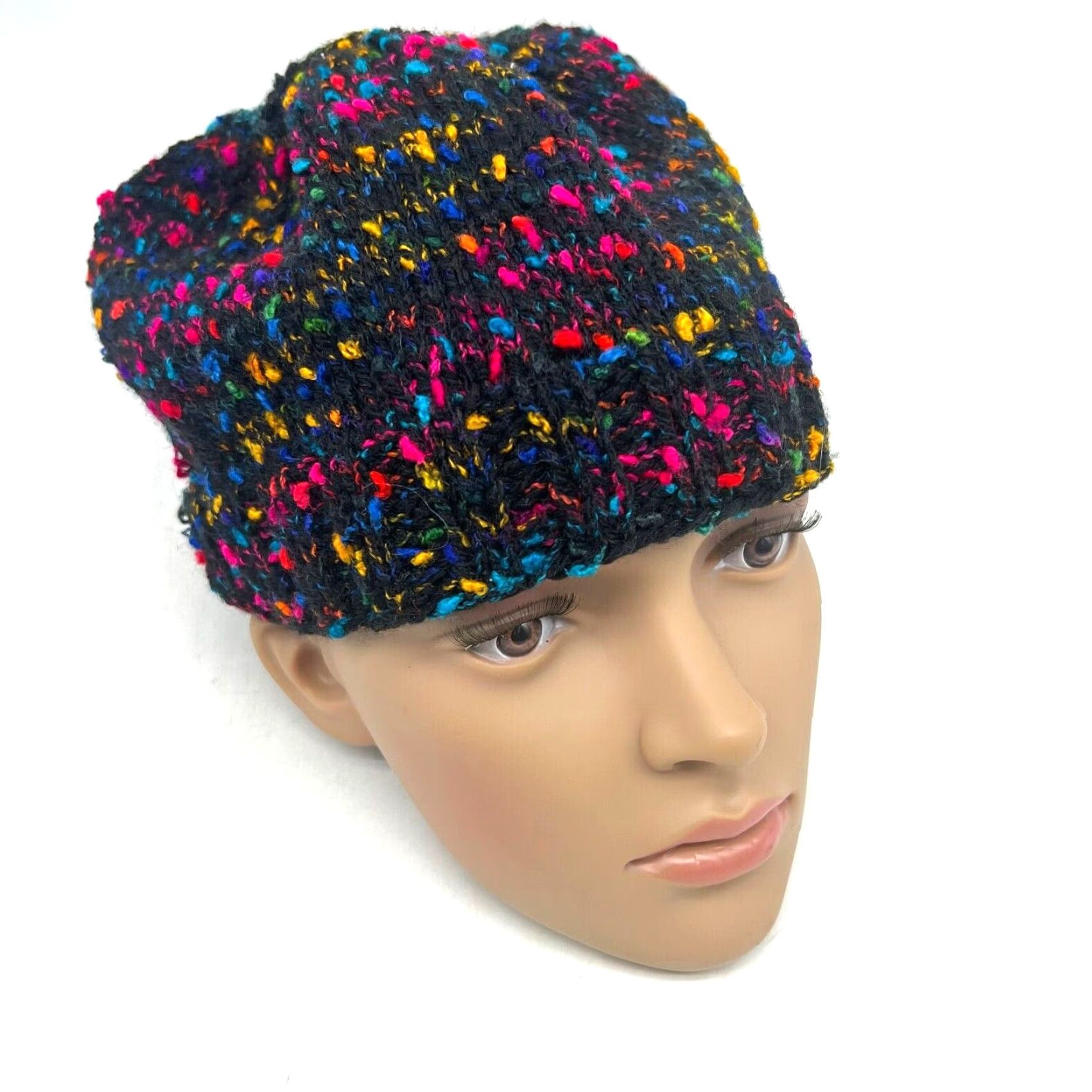 Vintage VINTAGE? (No) Hand Knitted in USA Black Pigtail Womens One Size Stocking Cap Beanie Hat Size ONE SIZE - 2 Thumbnail