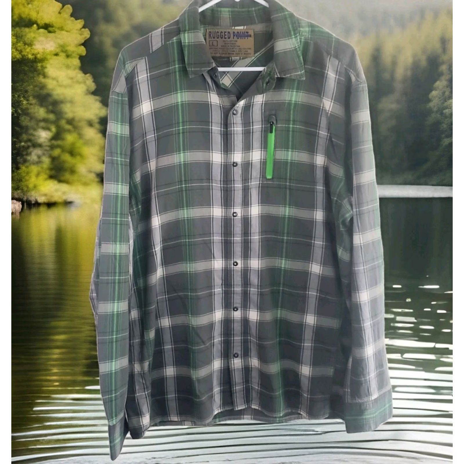 Vintage Rugged Point Button Down Shirt Mens L Green Gray Plaid Twill Zip Pocket Snap Button Size US L / EU 52-54 / 3 - 2 Thumbnail