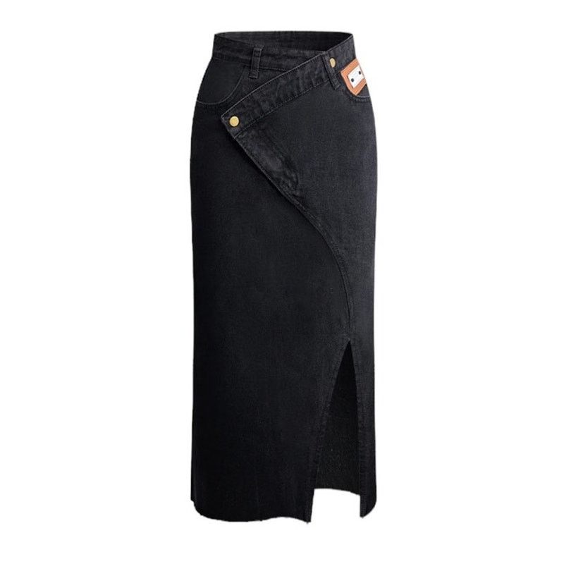 Other Micas Medium Black Split Denim Midi Asymmetrical Waist Skirt Size 30" / US 8 / IT 44 - 1 Thumbnail