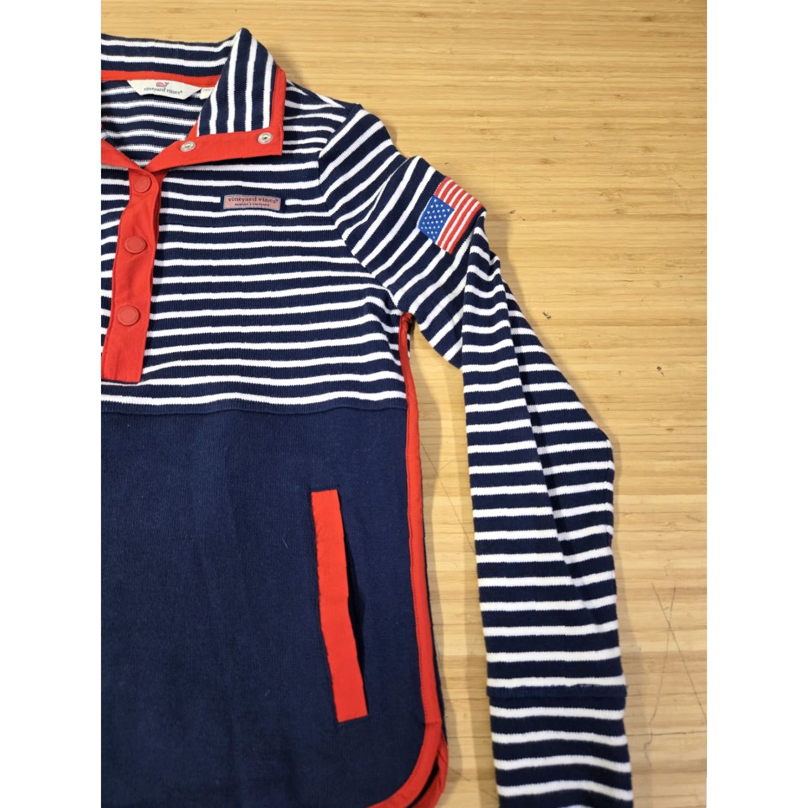 Vineyard Vines Vineyard Vines Pullover Womens XS Blue White Striped USA Flag Patriotic Patch Embroidered Kangaroo Pockets Collared 4th July Shirt Size XS / US 0-2 / IT 36-38 - 2 Thumbnail