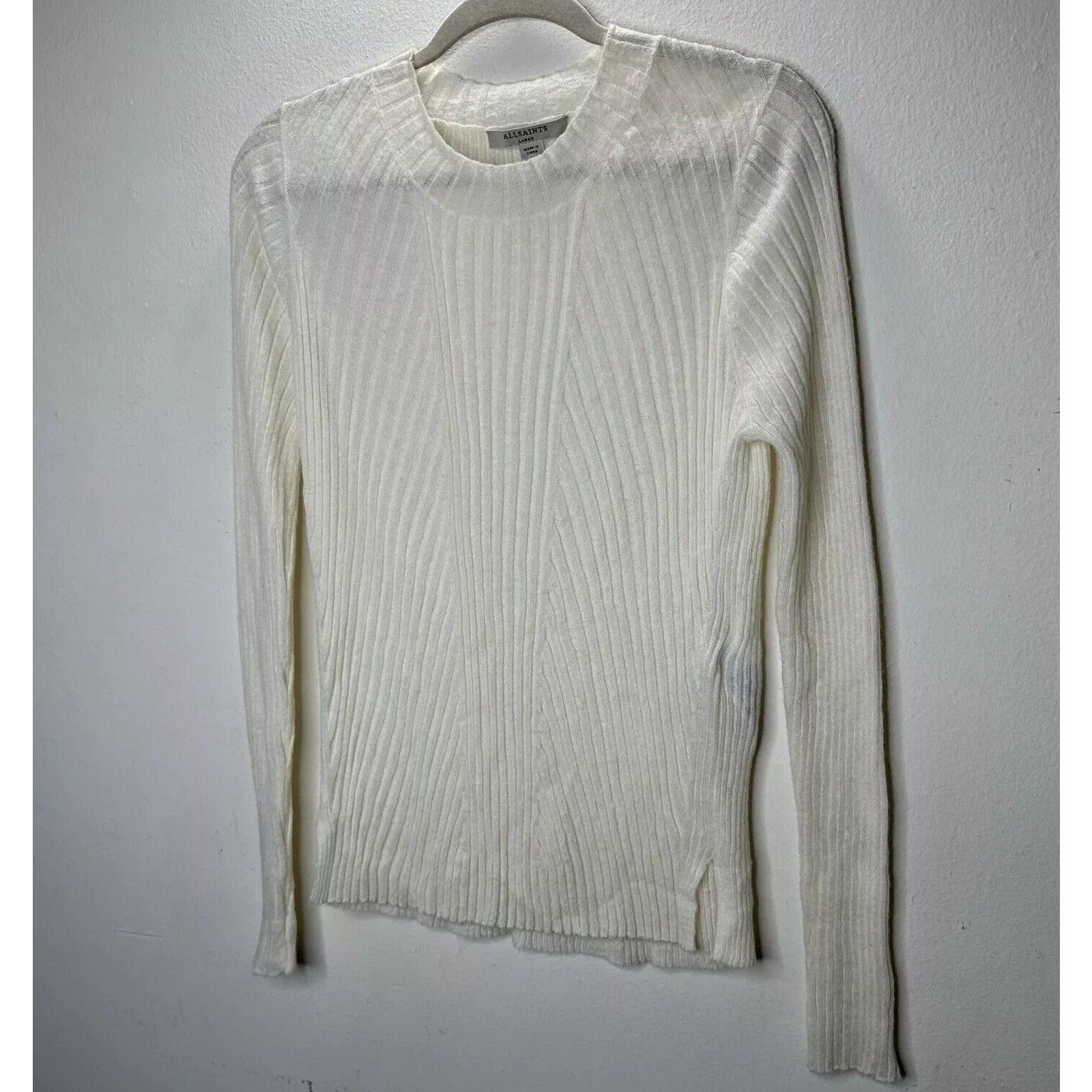 Allsaints Allsaints Cream Ribbed Long Sleeve Round Neck Thin Sweater L Size L / US 10 / IT 46 - 2 Thumbnail