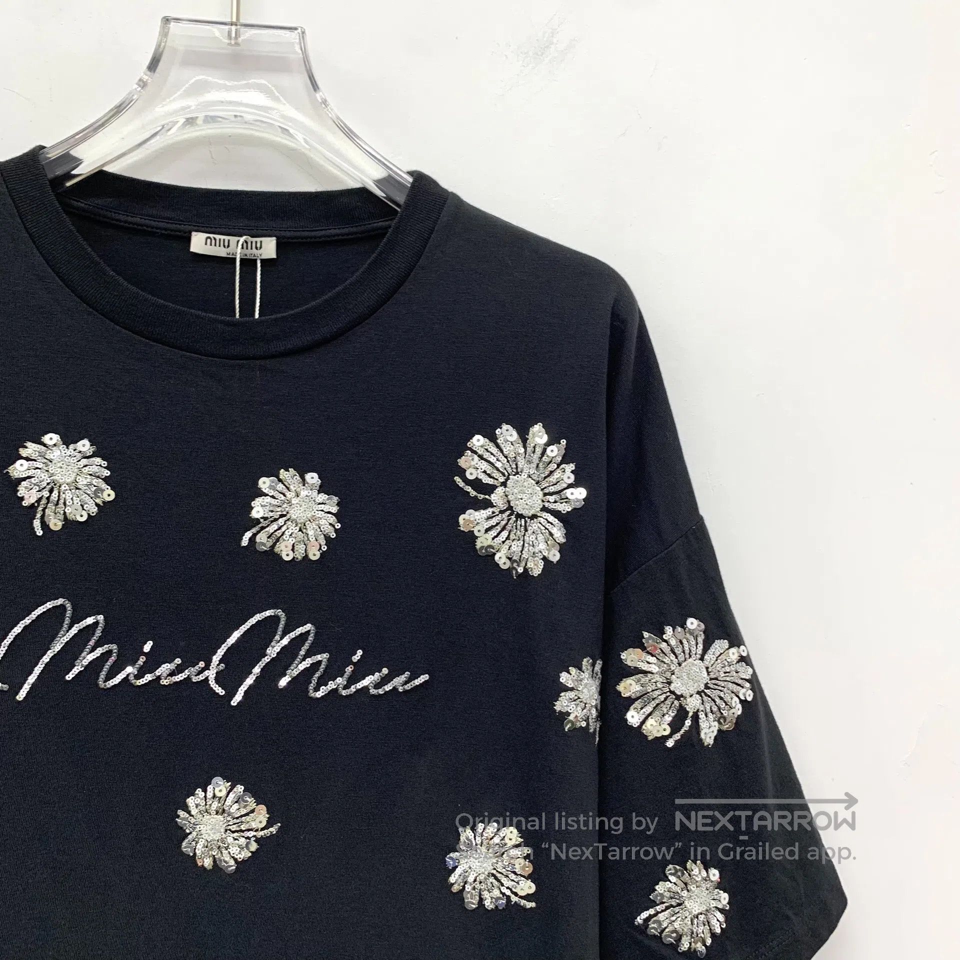 Miu Miu Miu Miu Black floral sequin cotton round neck short sleeve Size S / US 4 / IT 40 - 3 Thumbnail