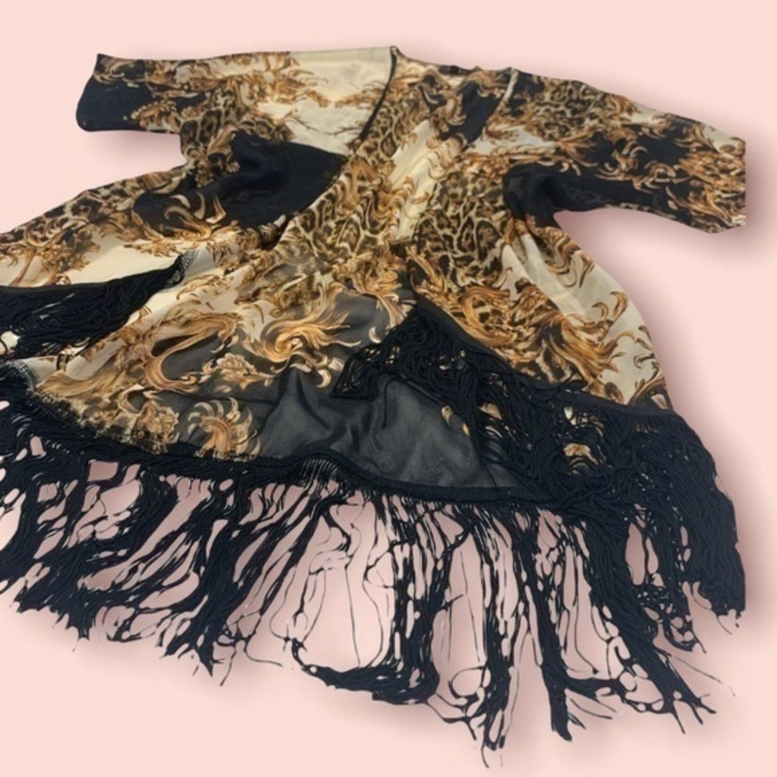 NBDN Nobrandedon Romeo & Juliet Fringe Trim Brown Kimono | Size S Size S / US 4 / IT 40 - 2 Thumbnail