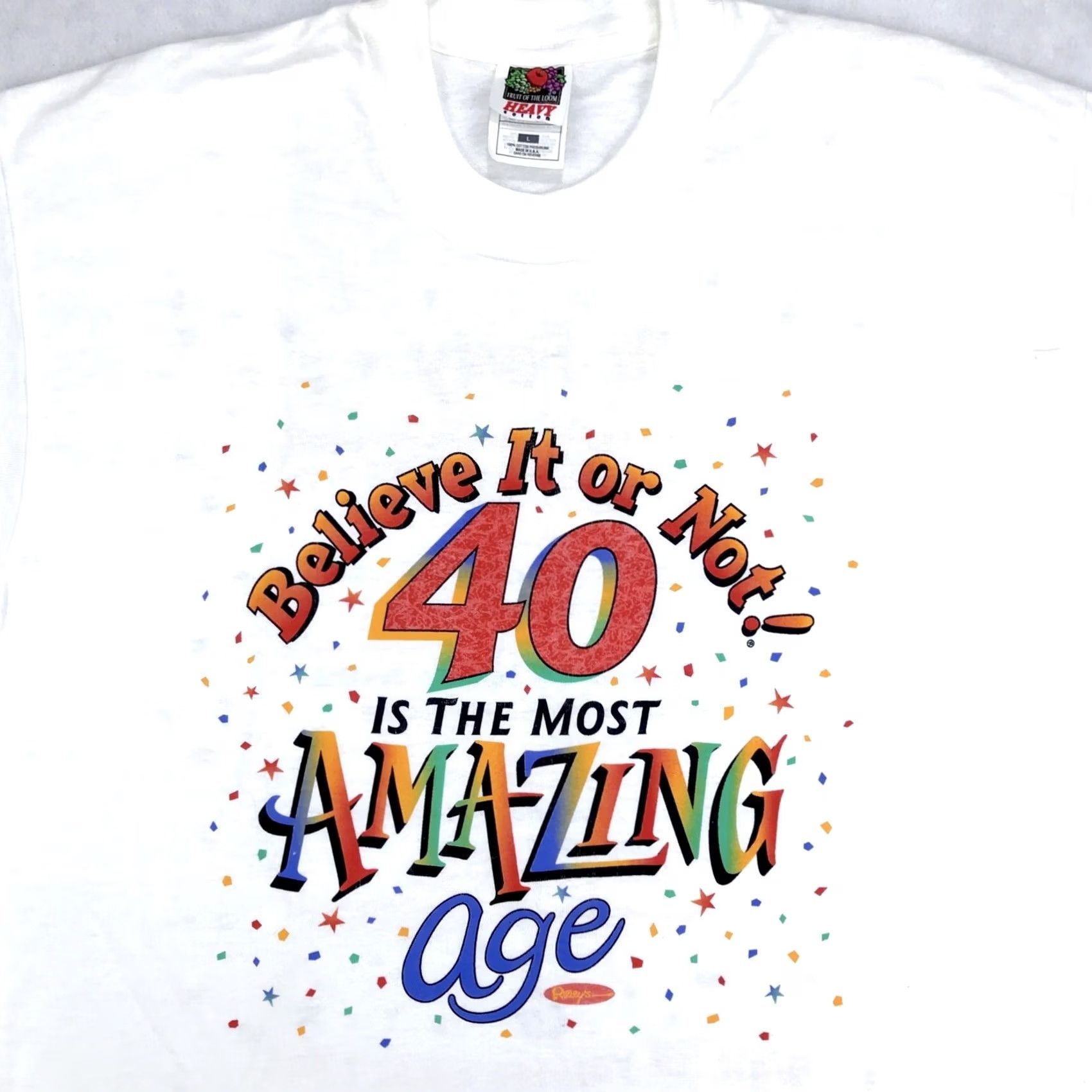 Fruit Of The Loom NOS vtg 90s RIPLEY’S BELIEVE IT OR NOT 40 IS THE MOST AMAZING AGE T-Shirt L bday Shirt Men White Cotton Double-Sided Vintage 80s 90s Funny Novelty Size US L / EU 52-54 / 3 - 3 Thumbnail