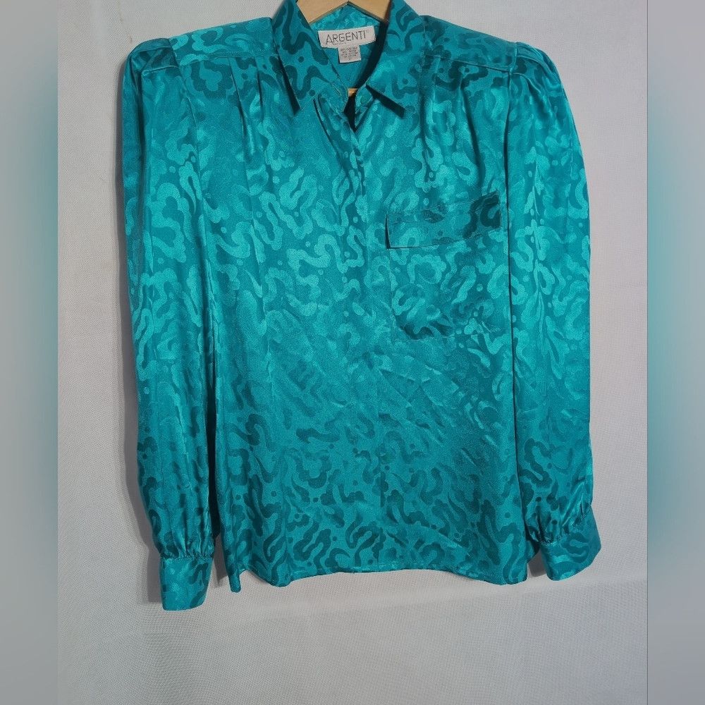 Other Vintage Pat Argenti Silk Sz Patterned Teal Long Sleeve Shir Size XL / US 12-14 / IT 48-50 - 2 Thumbnail