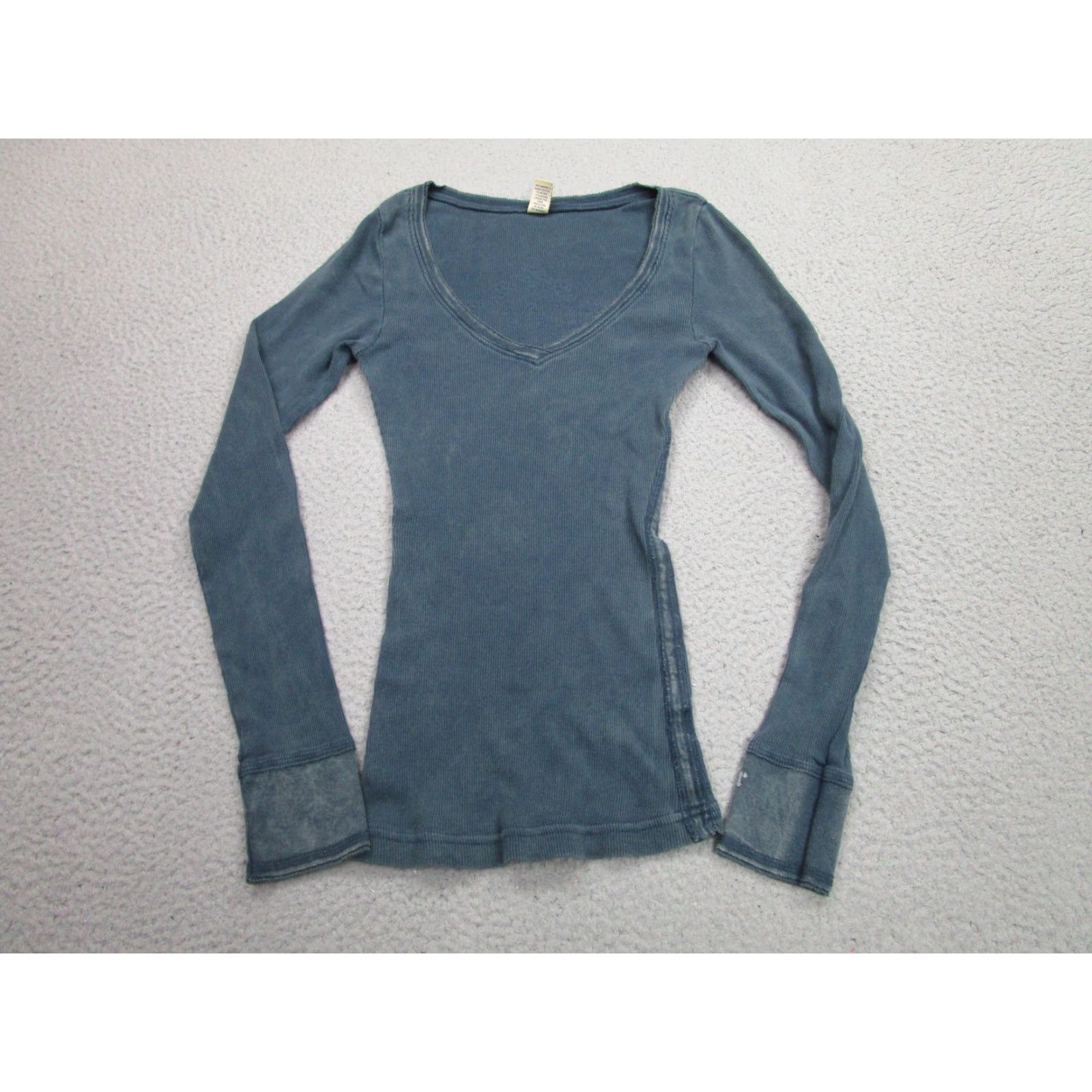 Vintage Y2k Thermal Shirt Womens M Blue Ribbed Fitted Long Sleeve Rhinestone Bella Fairy T-Shirt Slim 100% Cotton V-Neck Womens Size M / US 6-8 / IT 42-44 - 3 Thumbnail